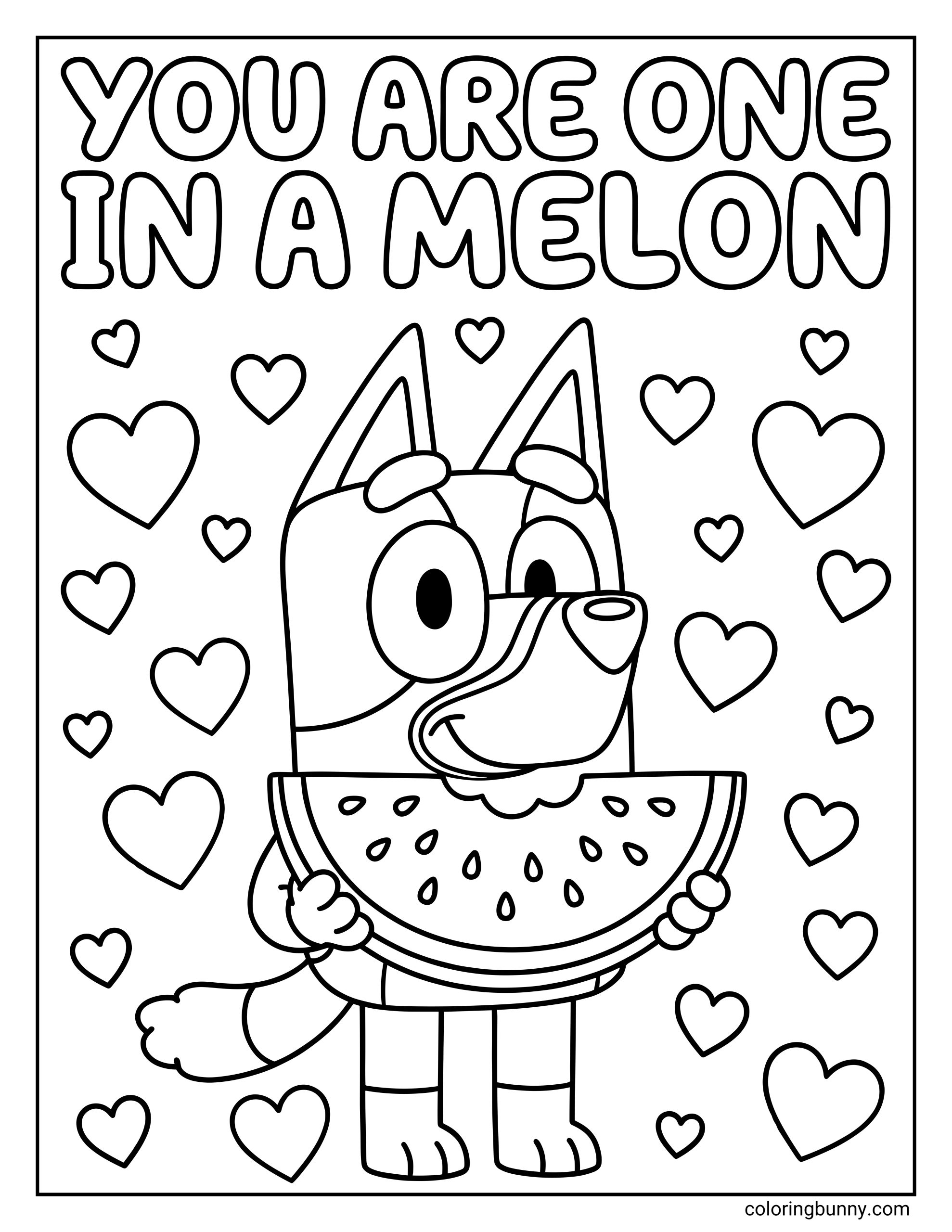 A fun Valentine’s Day coloring page featuring Bluey smiling with a watermelon slice, surrounded by hearts and a playful melon-themed love message.