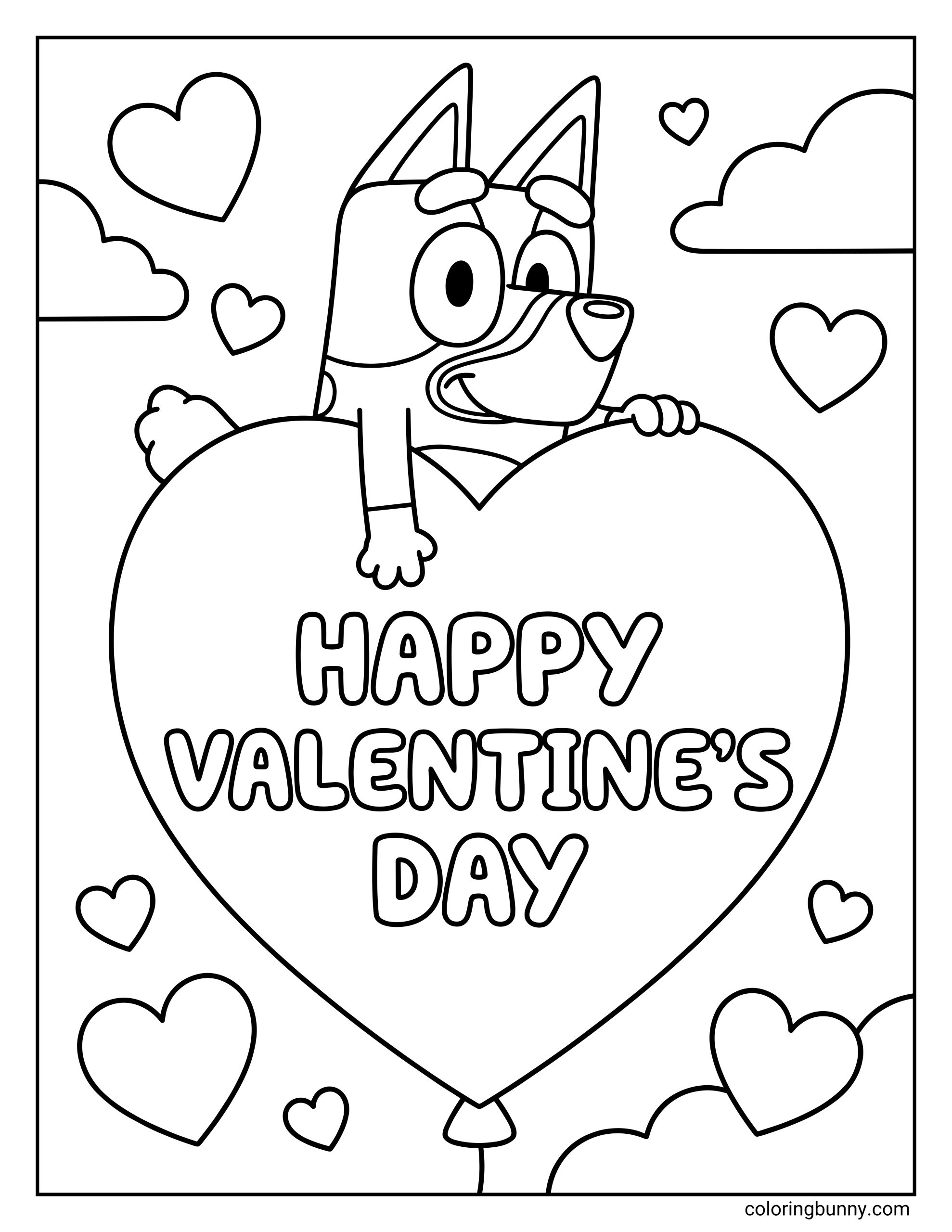 A Valentine coloring sheet showing Bluey holding onto a heart balloon with Happy Valentine’s Day text, surrounded by clouds and heart shapes in the sky.