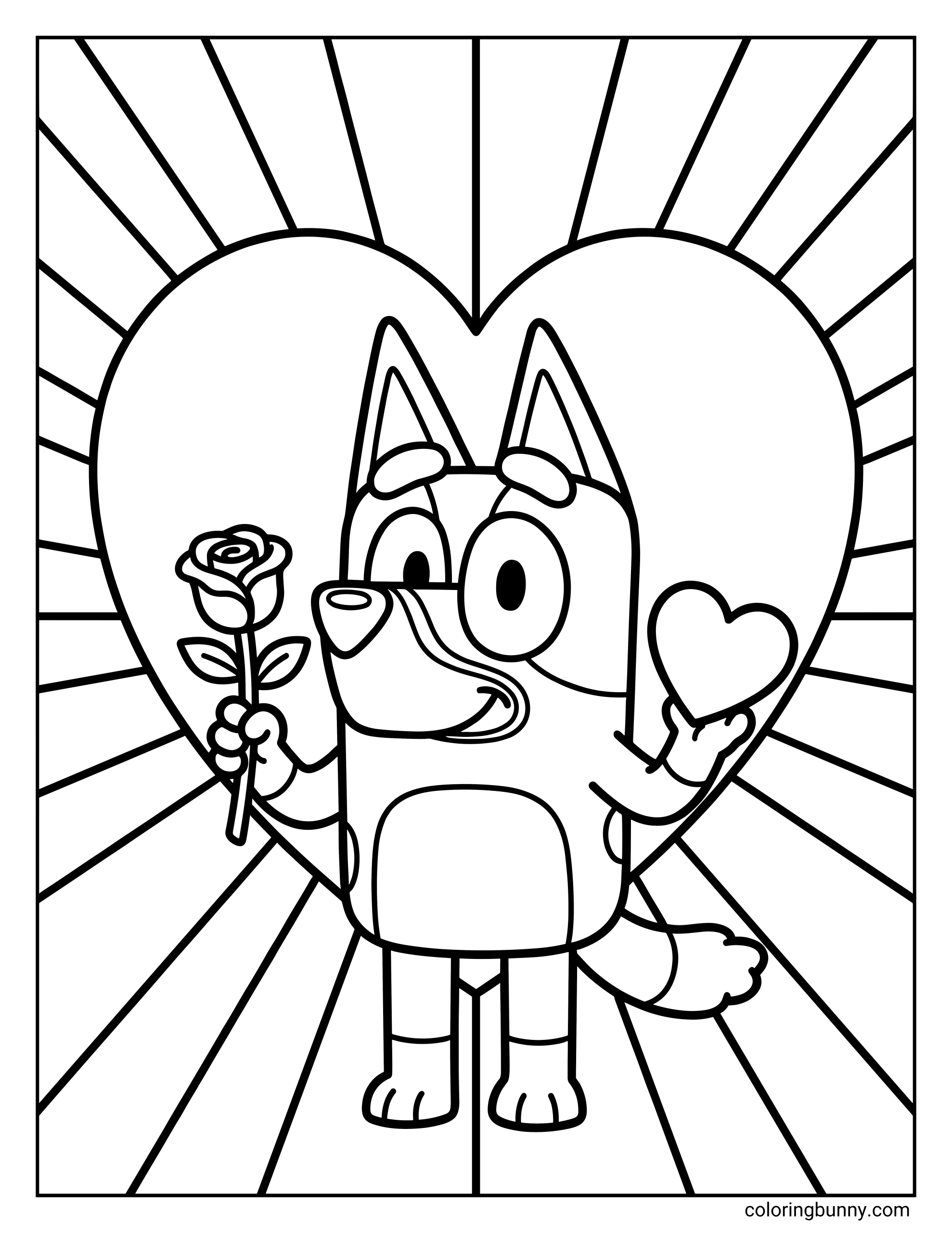 A kids coloring page featuring Bluey smiling with a flower and heart, surrounded by bold heart rays for a fun Valentine coloring activity.