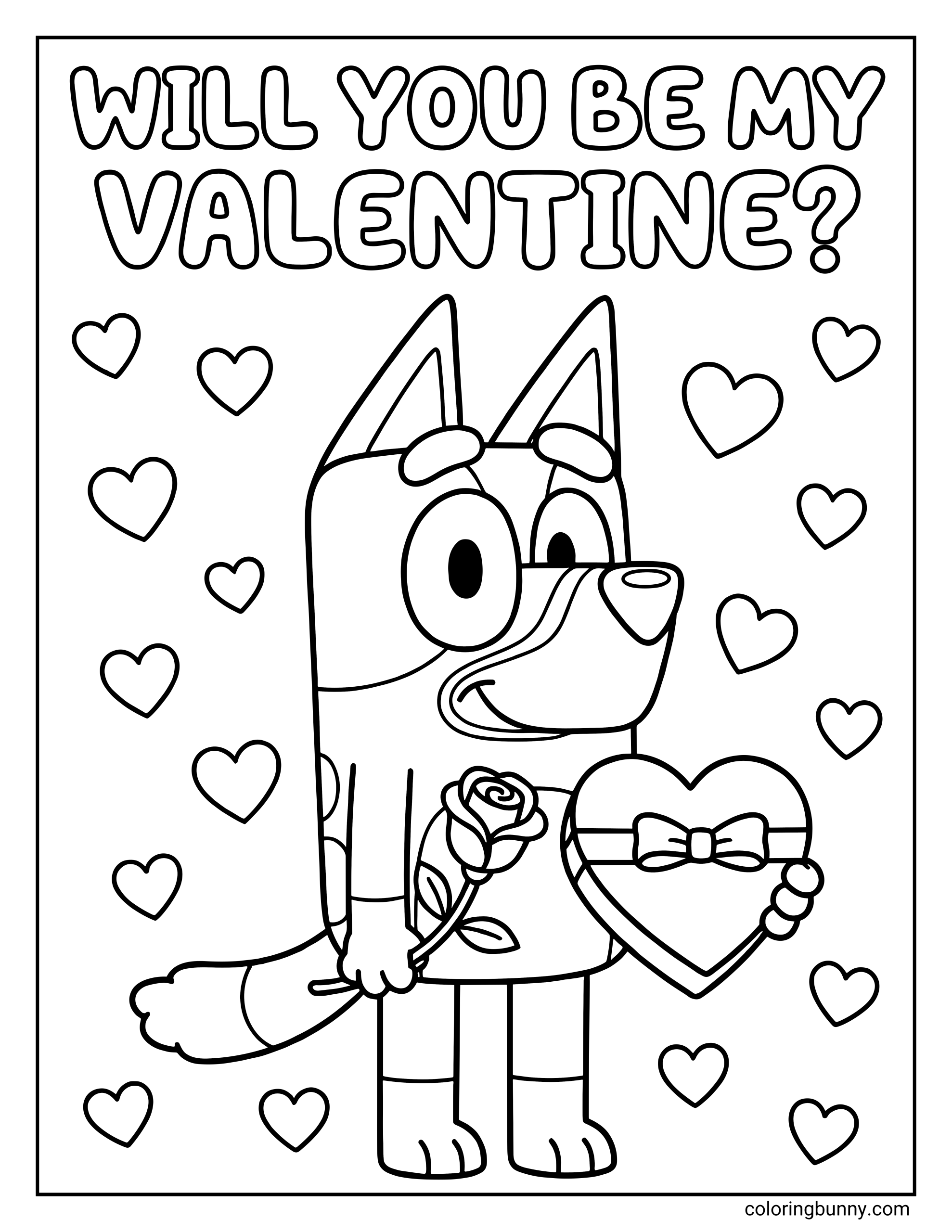 An easy coloring page of Bluey holding a rose and a heart-shaped gift box while standing among floating hearts under the question "Will you be my Valentine?"
