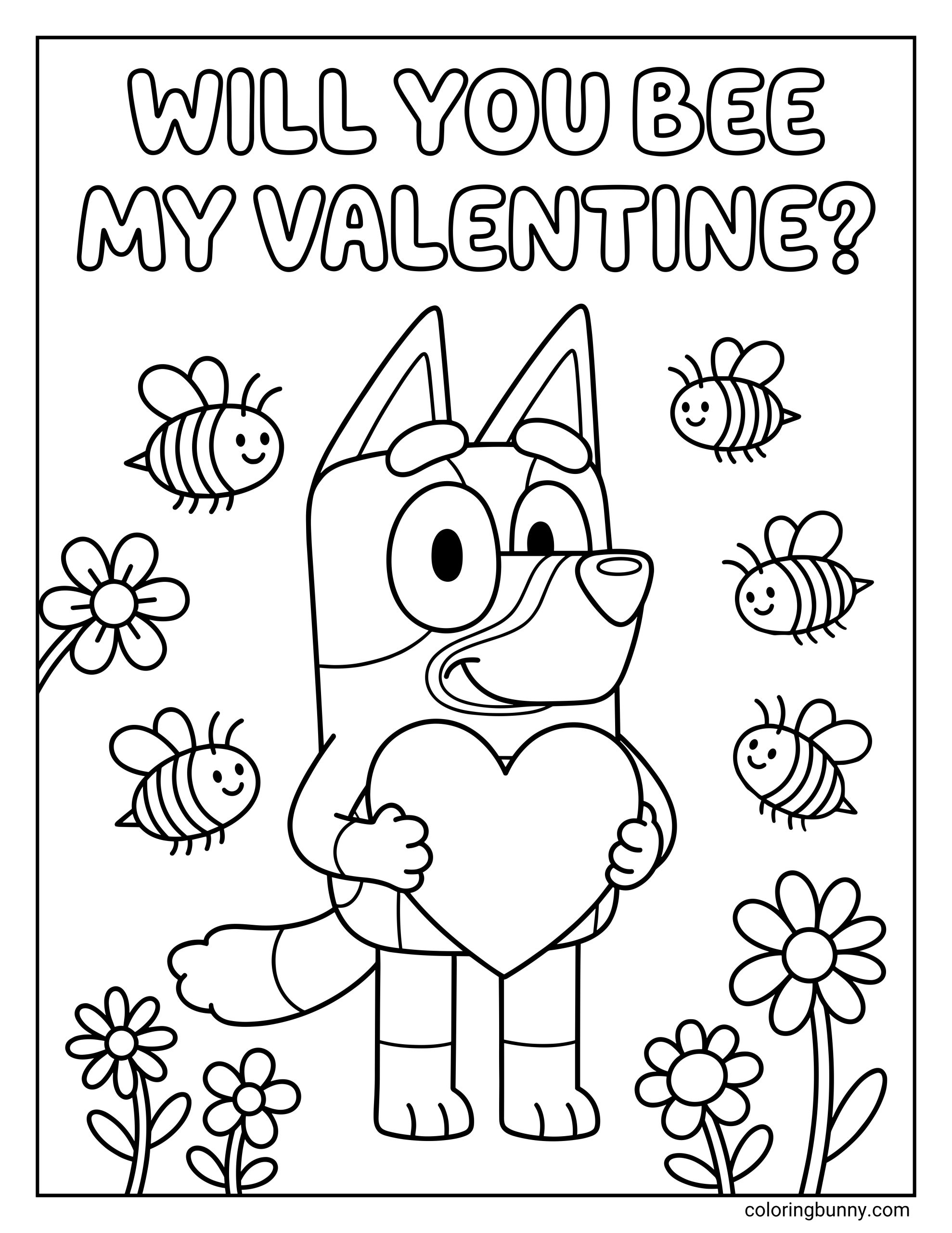 A coloring page of Bluey holding a heart while smiling bees buzz around colorful flowers, featuring the phrase “Will you bee my Valentine?” in a playful, kid-friendly design.