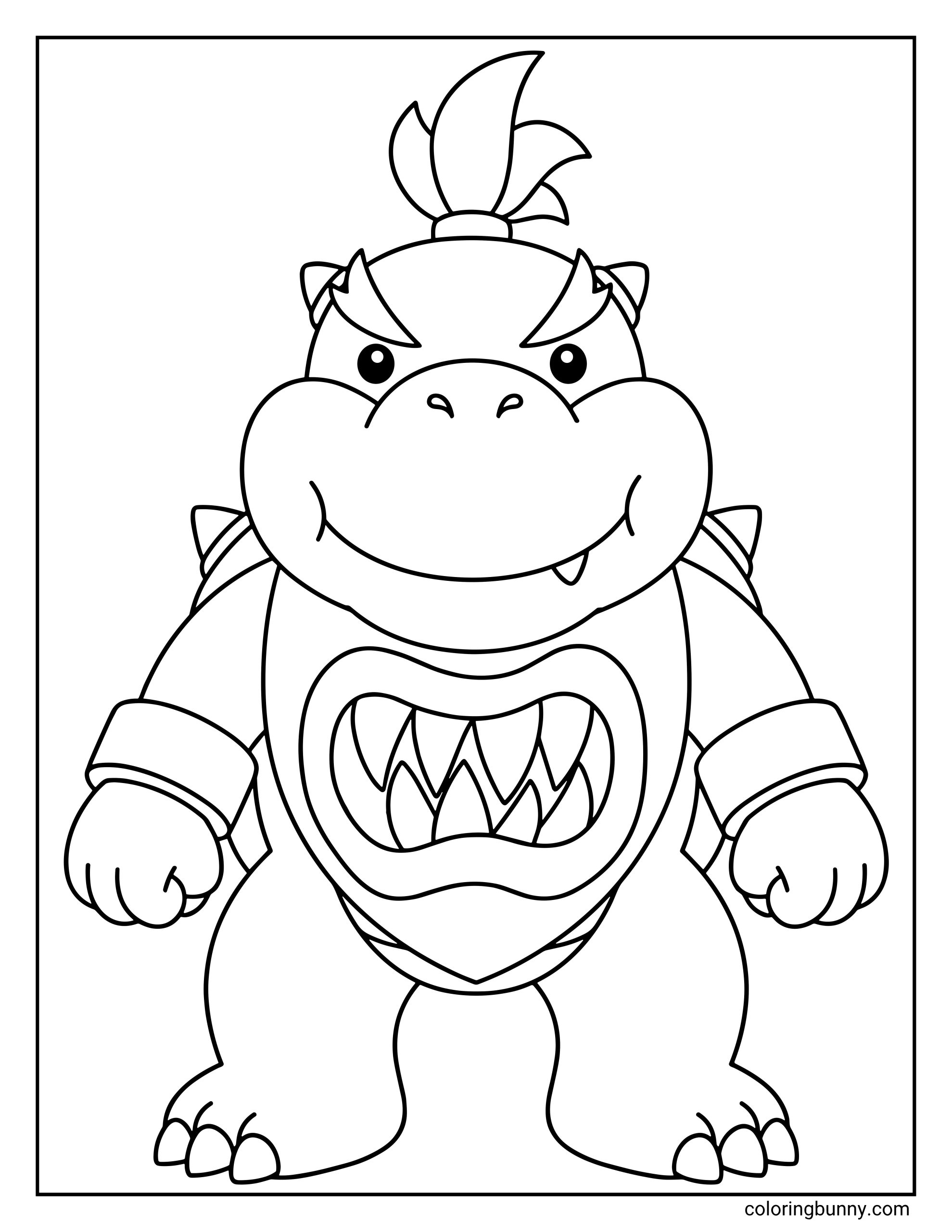 A simple Mario coloring page of Bowser Jr. standing and smiling with a mischievous expression. He wears his signature bib with a toothy-grin design.
