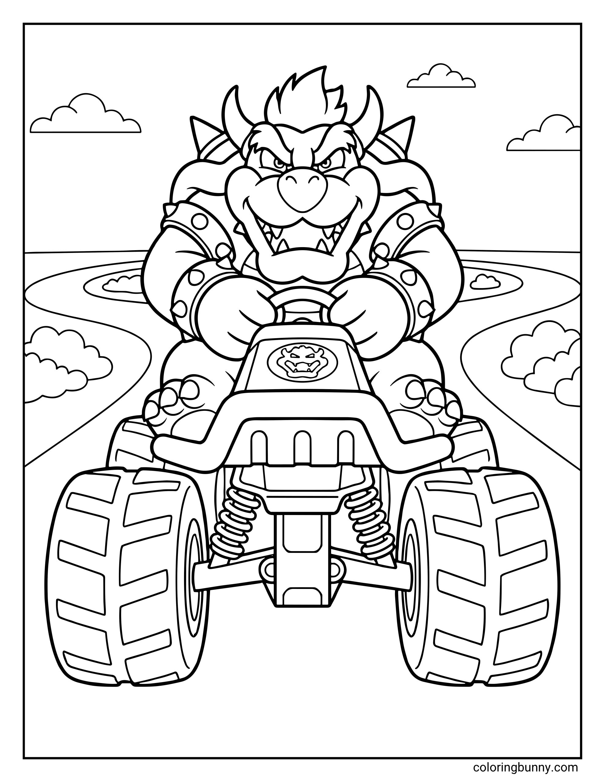 A coloring page of Bowser driving a heavy-duty monster truck kart with large, treaded tires on a race track. The Koopa King has a determined expression, set against a simple background of a race track, clouds and bushes.