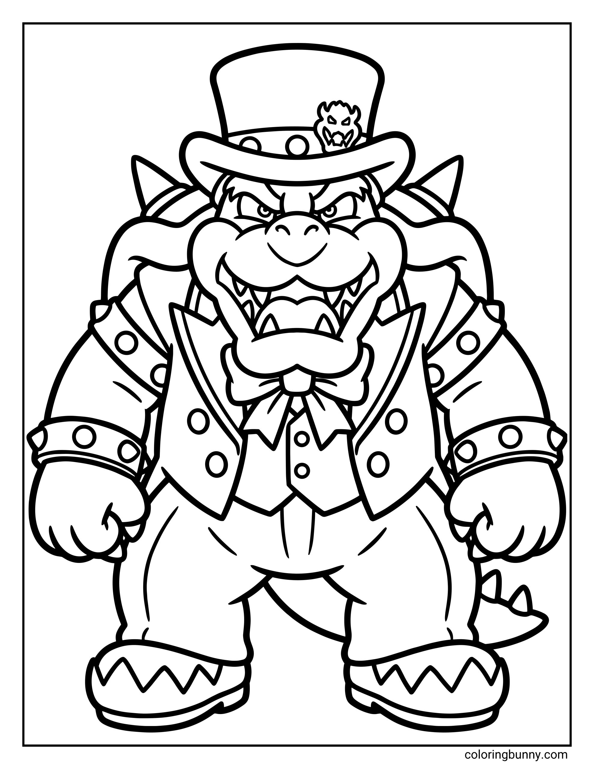 A Bowser coloring page inspired by Super Mario Odyssey featuring Bowser dressed in his sharp white wedding suit and top hat. Bowser stands confidently with clenched fists, spiked shell visible, and a fierce grin showing his teeth. Bold outlines and detailed clothing elements make this page ideal for dramatic, high-contrast coloring.