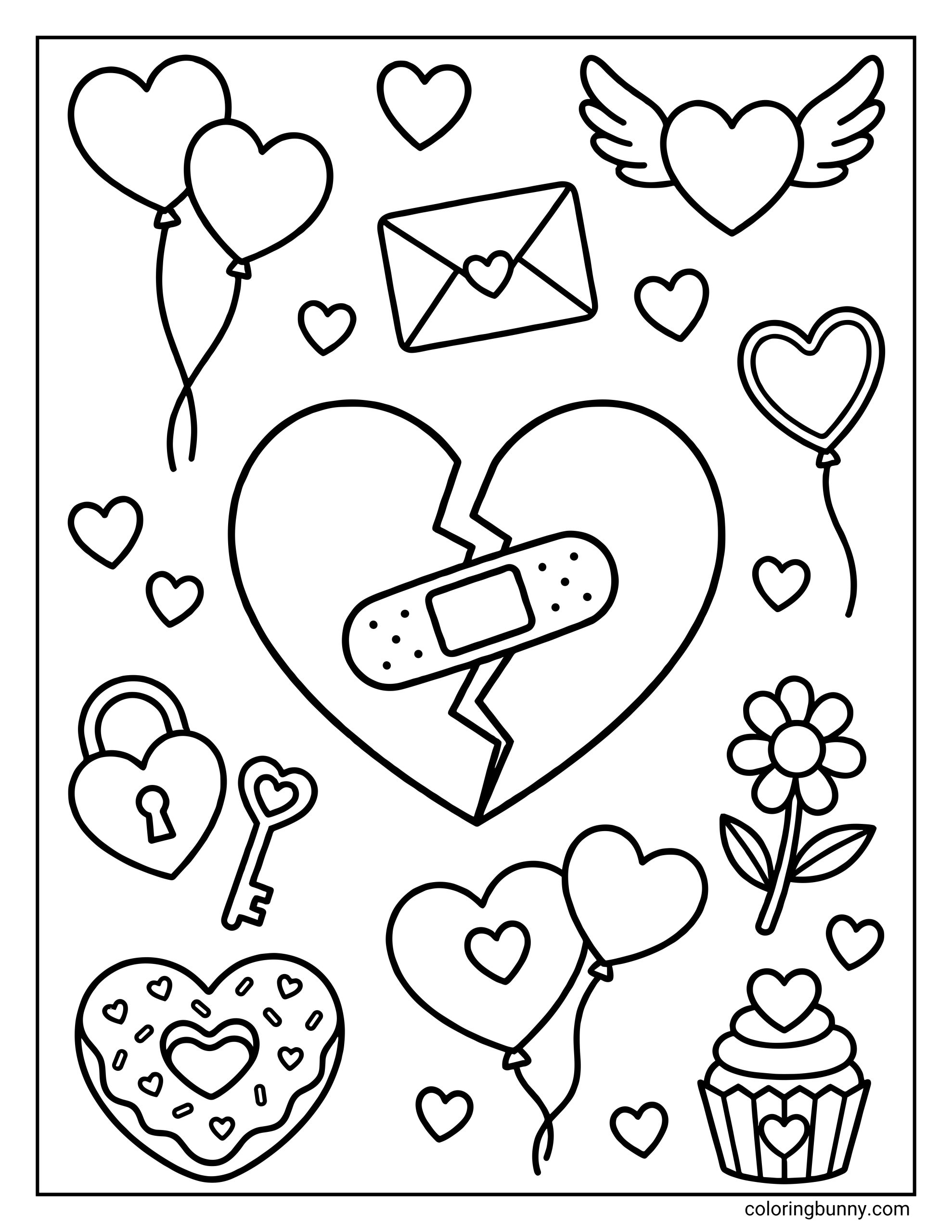 A coloring sheet featuring a large broken heart held together by a bandage, surrounded by heart balloons, a cupcake, a donut, a letter, and a lock with a key.
