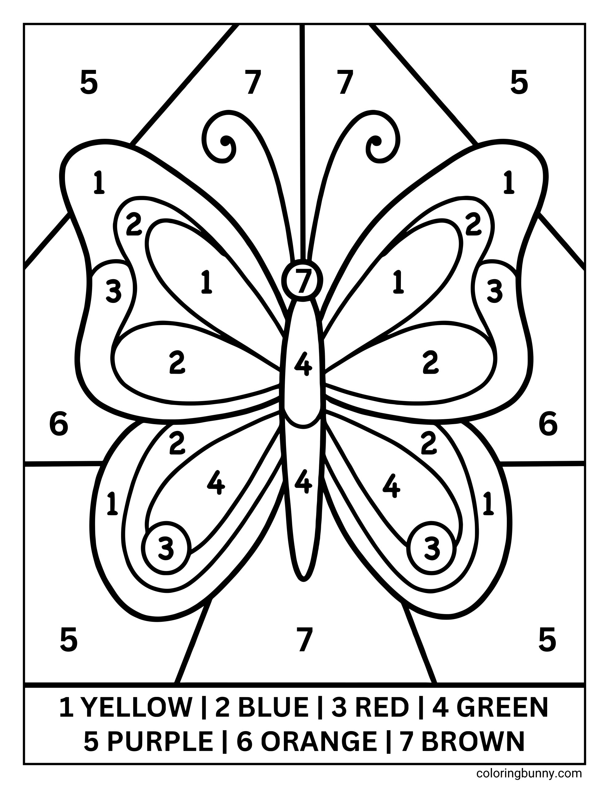 A butterfly color-by-number coloring page featuring a symmetrical butterfly centered inside a stained-glass–style frame. Each wing section is divided into clearly outlined shapes labeled with numbers from 1 to 7. A color key at the bottom shows: 1 = yellow, 2 = blue, 3 = red, 4 = green, 5 = purple, 6 = orange, and 7 = brown. The background panels are also numbered, creating a structured, guided coloring activity designed to help children match numbers to colors accurately.