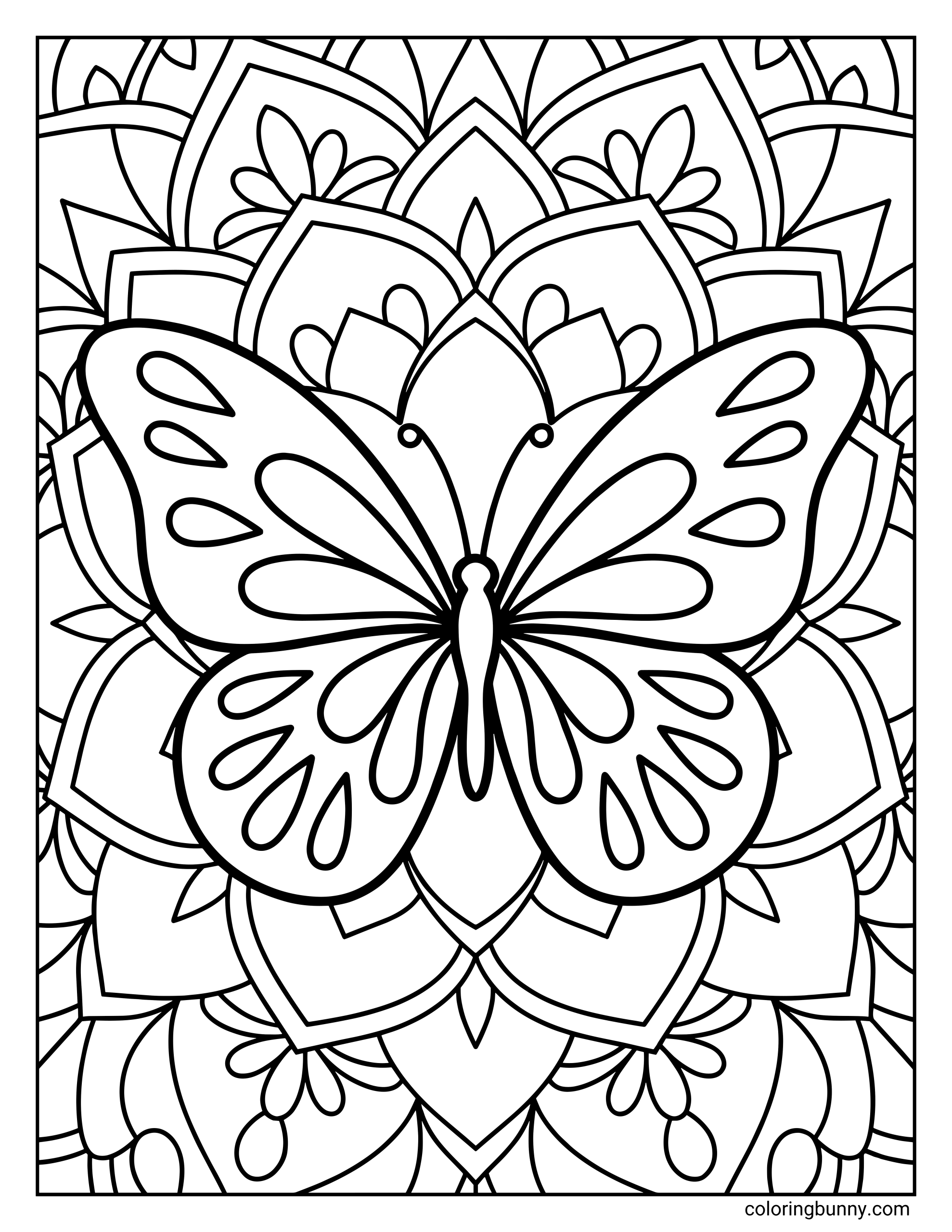 A detailed butterfly floral mandala coloring page featuring a large, symmetrical butterfly centered over an intricate layered mandala of petals, leaves, and geometric shapes. The butterfly’s wings are filled with smooth teardrop and oval patterns, while the background forms a repeating floral mandala design with clean, bold outlines. The balanced symmetry and dense patterns make this page ideal for mindful, detailed coloring.