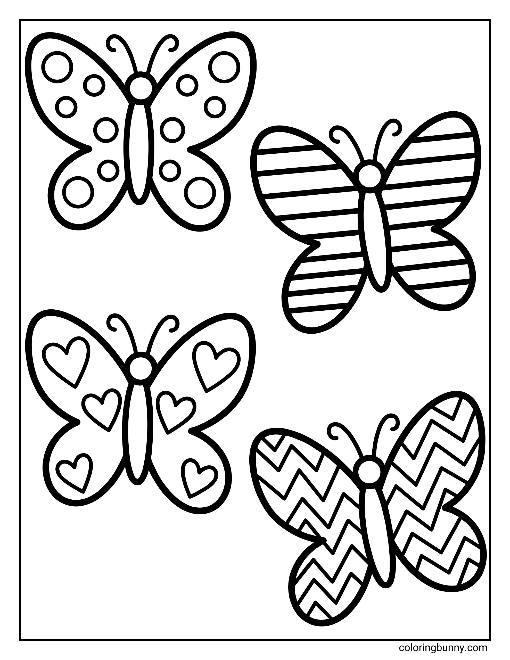 A butterfly coloring page featuring four cute butterflies arranged in a grid-style layout. Each butterfly has a distinct wing design: one with large polka dots, one with bold horizontal stripes, one decorated with heart shapes, and one filled with zigzag chevron patterns. The butterflies have rounded bodies, playful antennae, thick black outlines, and plenty of open spaces, making this page perfect for kids, beginners, and pattern-based coloring practice.