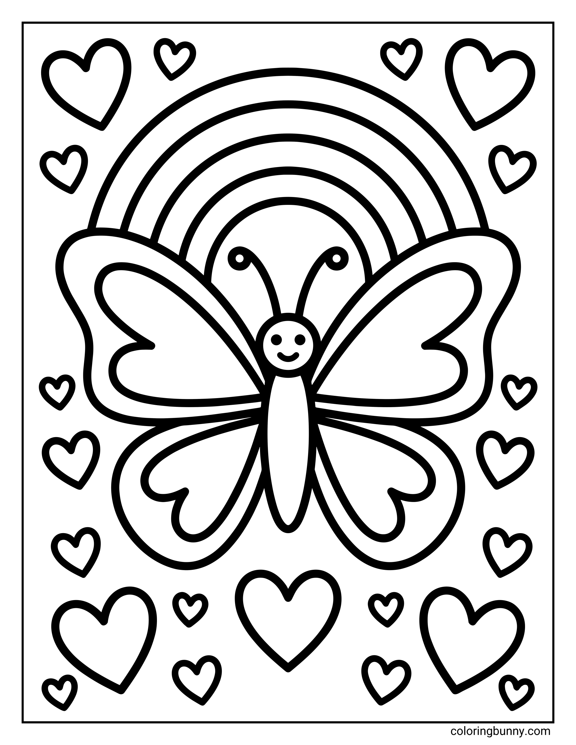 A simple butterfly coloring page showing a smiling butterfly with large heart-shaped wings flying in front of a curved rainbow. The scene is filled with floating heart shapes of different sizes around the butterfly, all drawn with bold, rounded outlines that make it easy and fun to color.