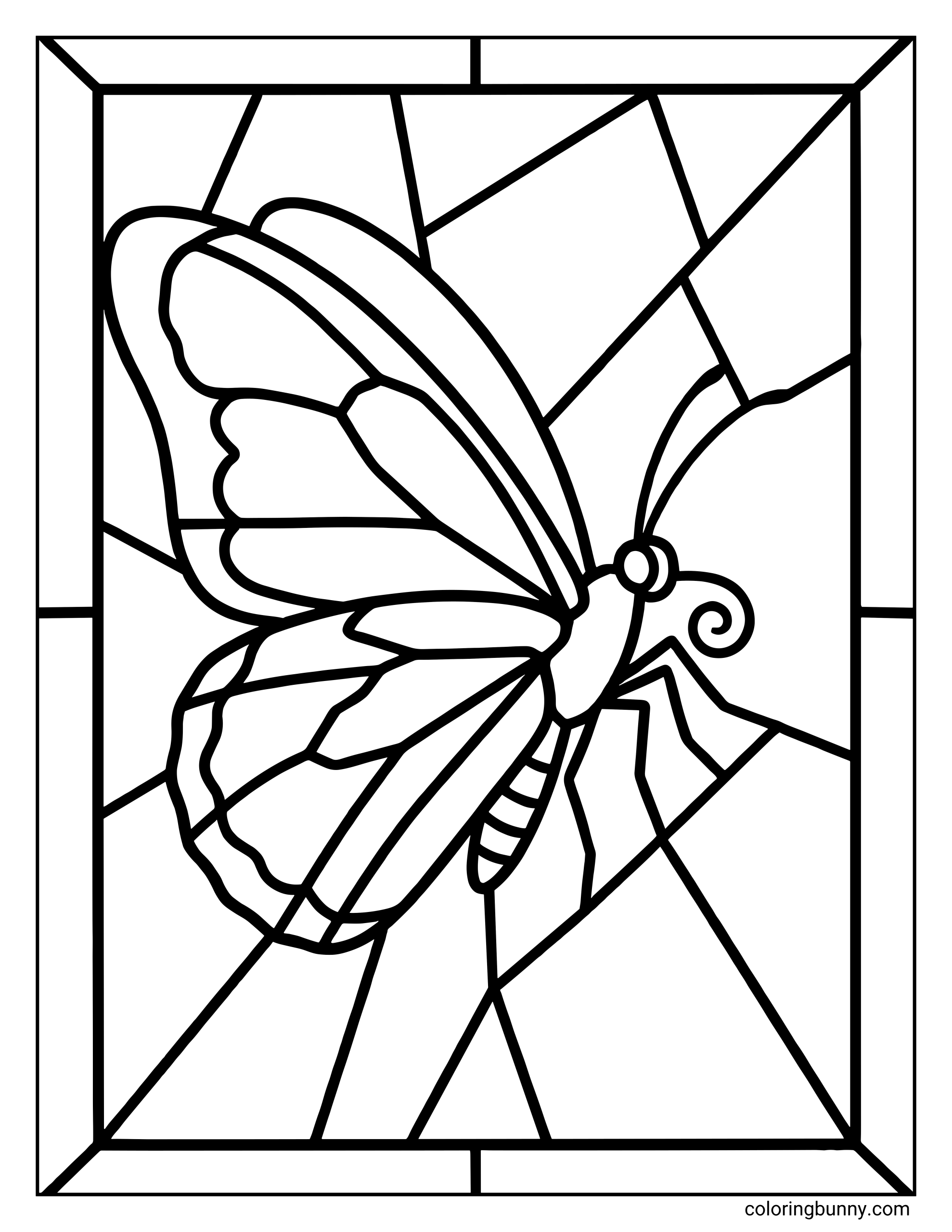 A stained-glass style butterfly coloring page featuring a side-view butterfly framed within a geometric window design. The butterfly’s wings are divided into bold, curved segments, while the background is made up of angular stained-glass panels outlined with thick lines. A rectangular border surrounds the scene, giving the page the look of a decorative window or mosaic-style artwork.
