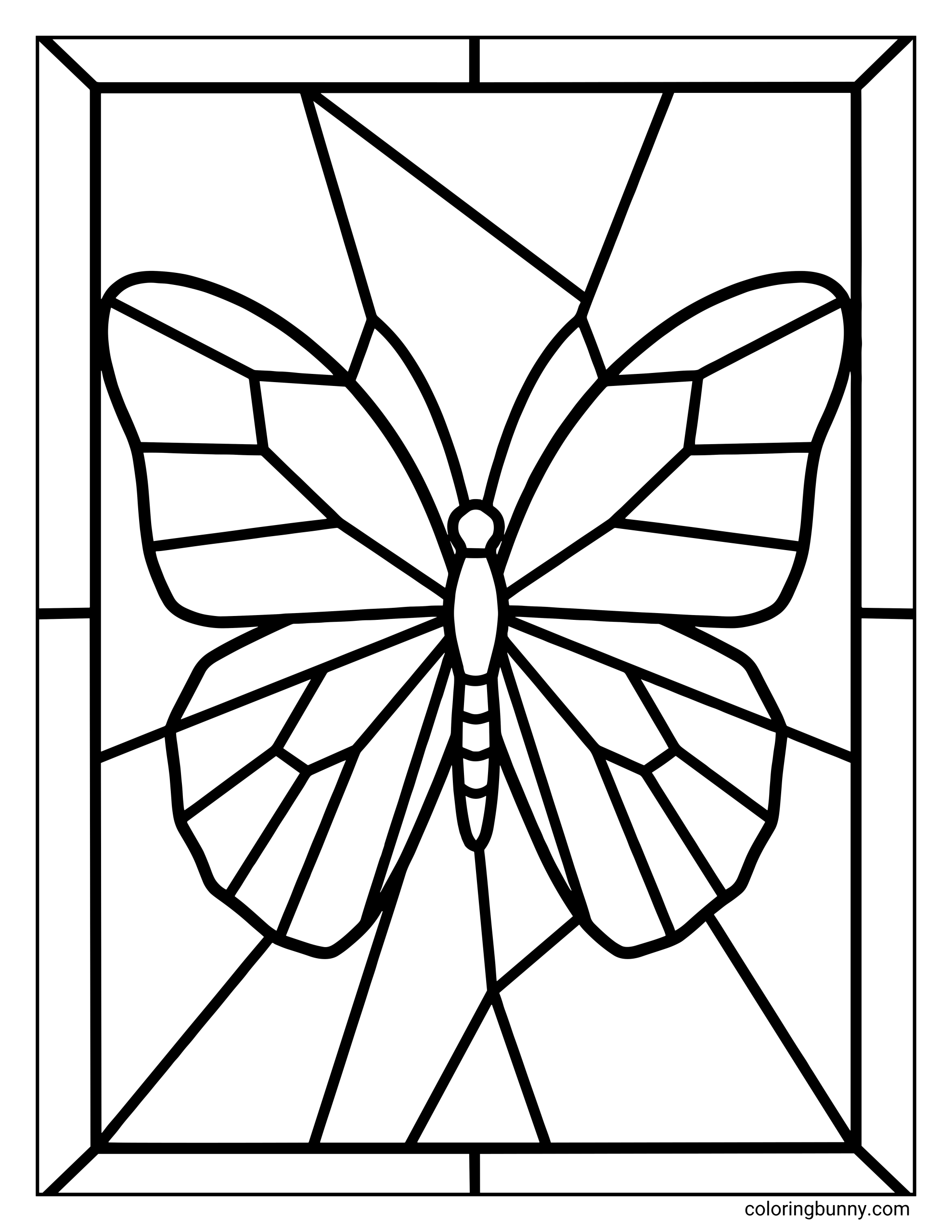 A stained-glass–style butterfly coloring page featuring a symmetrical butterfly centered inside a geometric window frame. The butterfly’s wings are divided into bold, angular panels, with clean, thick outlines that mimic stained glass segments. Sharp triangular and polygon shapes radiate around the butterfly, creating a structured look.