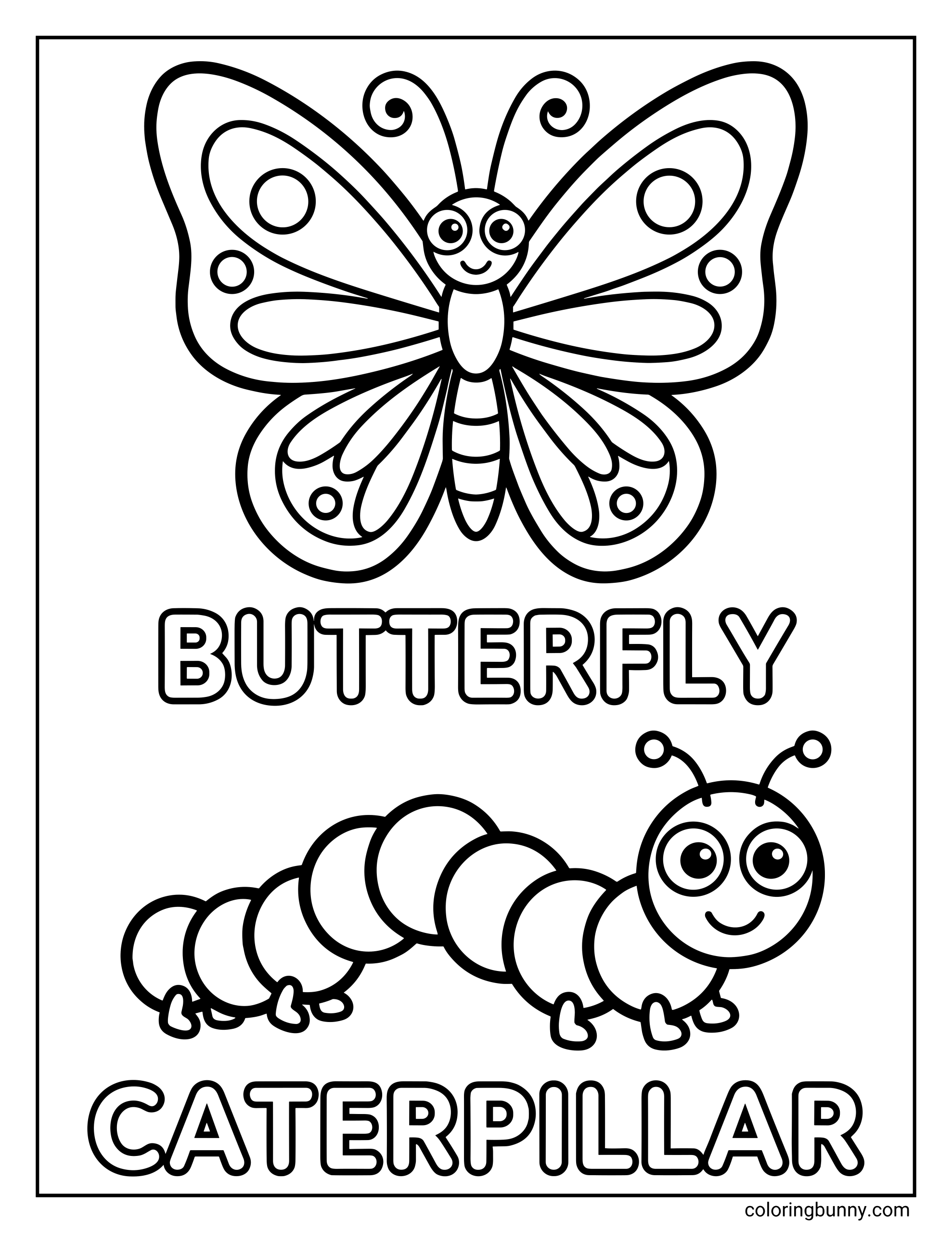 A butterfly and caterpillar coloring page designed for early learners, featuring two large, friendly cartoon illustrations stacked vertically. At the top, a smiling butterfly with wide eyes, curly antennae, and symmetrical wings decorated with simple oval and circular patterns spreads its wings above the bold, outlined word “BUTTERFLY.” Below, a cheerful caterpillar with segmented body sections, tiny feet, antennae, and a happy face crawls along the page above the word “CATERPILLAR.” Thick outlines, rounded shapes, and clear labels make this page ideal for preschool and kindergarten coloring.