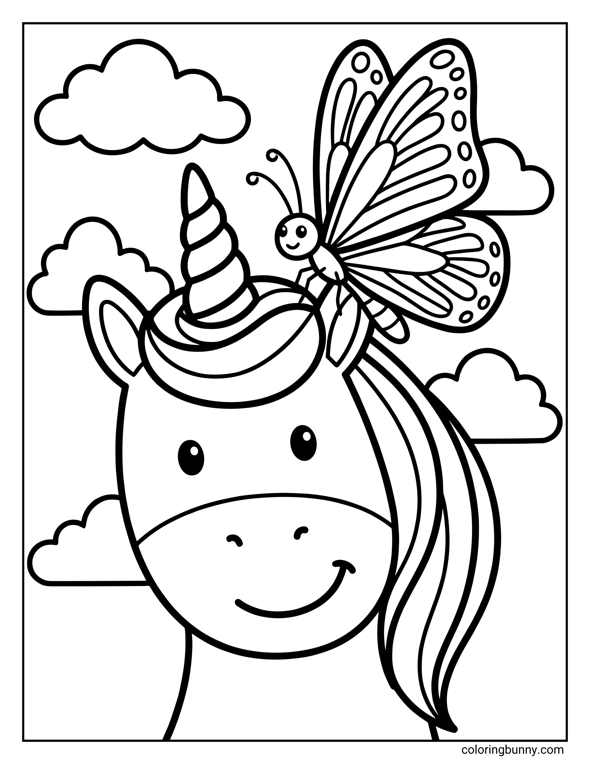 A cute butterfly and unicorn coloring page showing a smiling unicorn with a spiraled horn and flowing mane, filling most of the page. A friendly butterfly with patterned wings is perched gently on the unicorn’s mane near the horn. Puffy clouds float in the background, creating a soft sky scene. The illustration uses bold, clean outlines with large open areas, making it ideal for easy coloring and bright, playful color choices.