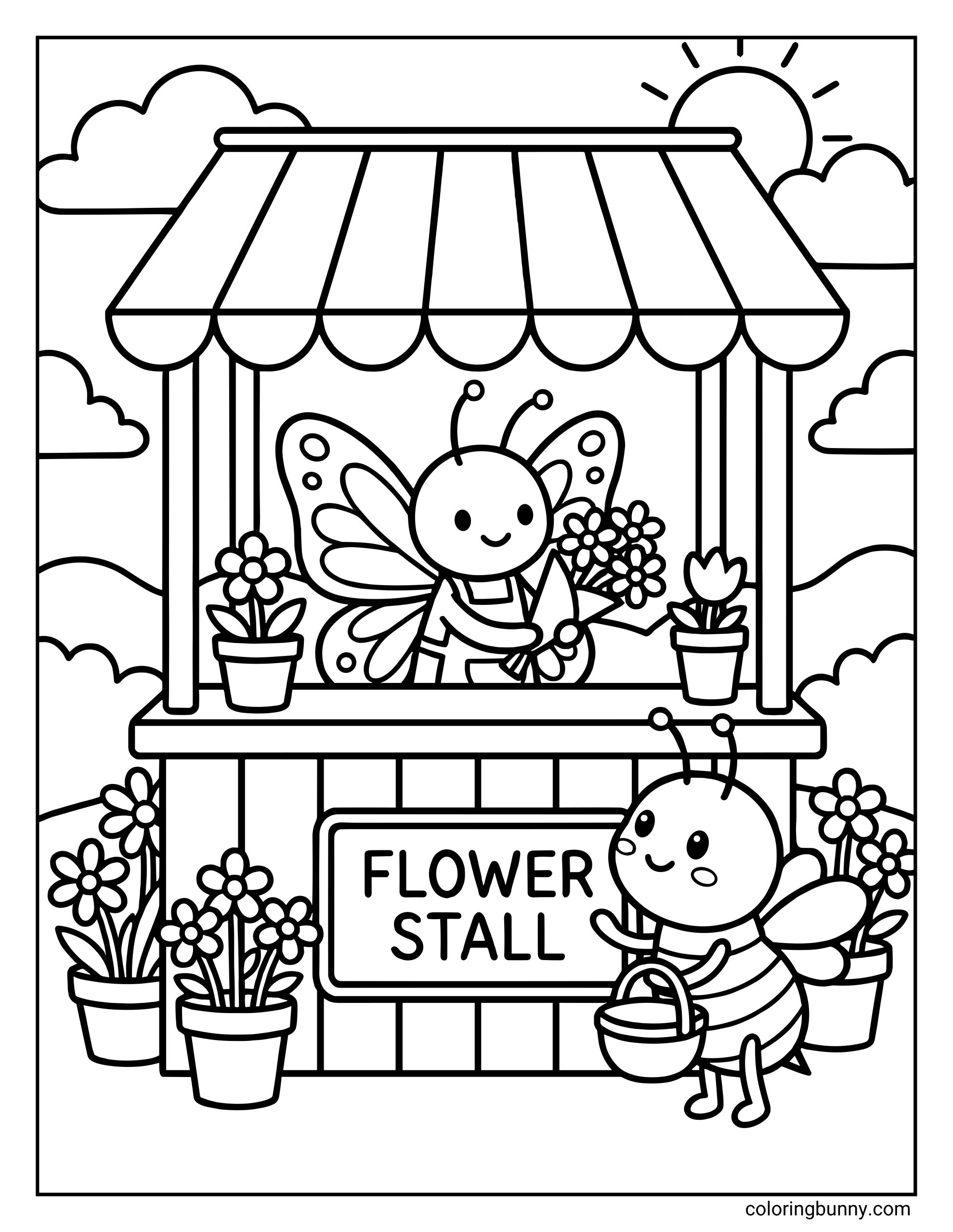 A butterfly coloring page of a friendly butterfly behind a flower stall counter and a cute bee holding a basket.