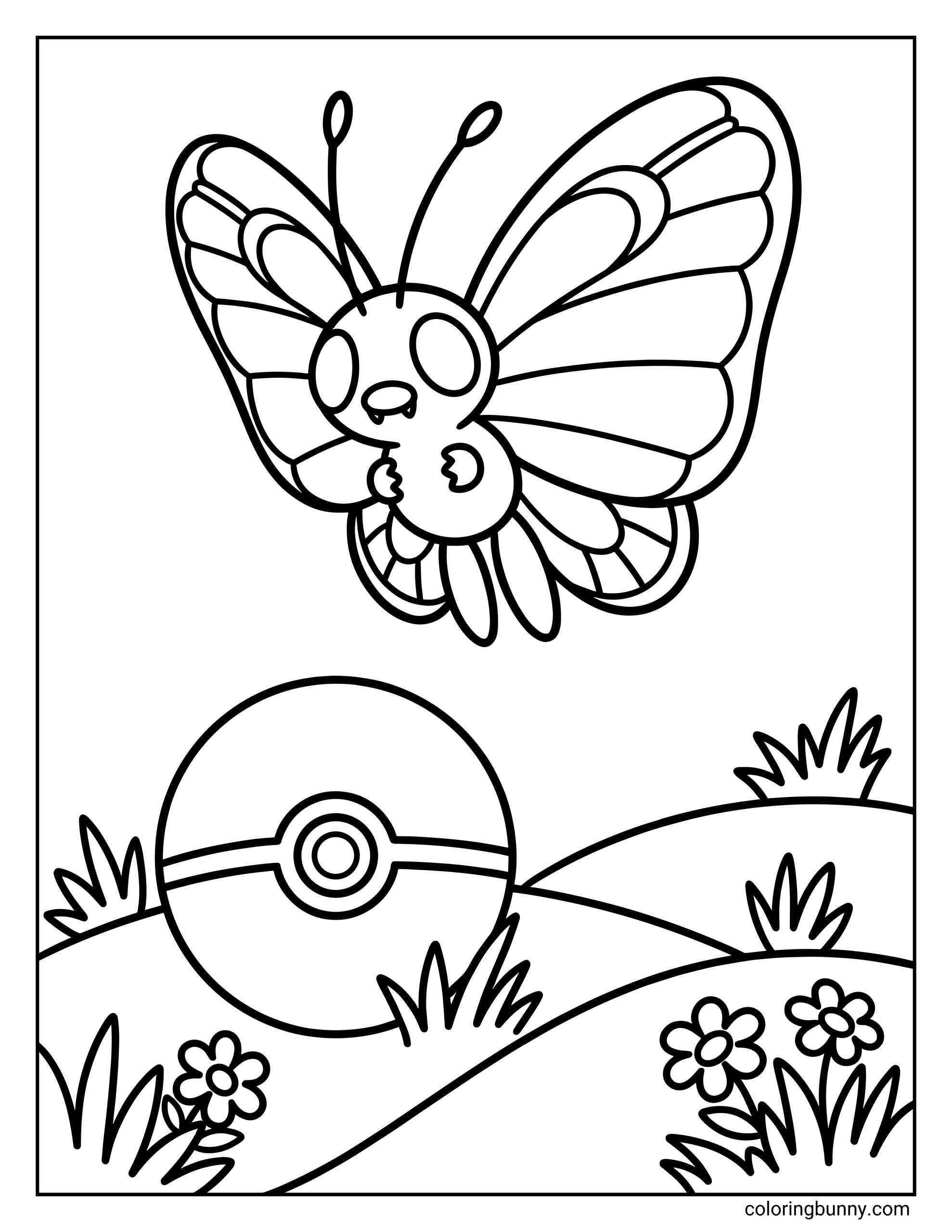 A Pokémon-style Butterfree coloring page featuring a cute Butterfree flying near the top of the page with large rounded wings, oval eyes, short antennae, and small clawed hands held close to its body. Below, a Poké Ball rests on rolling grassy hills surrounded by tufts of grass and simple flowers. The scene is outlined in bold lines, with open spaces ideal for coloring, making it suitable for kids and Pokémon fans.