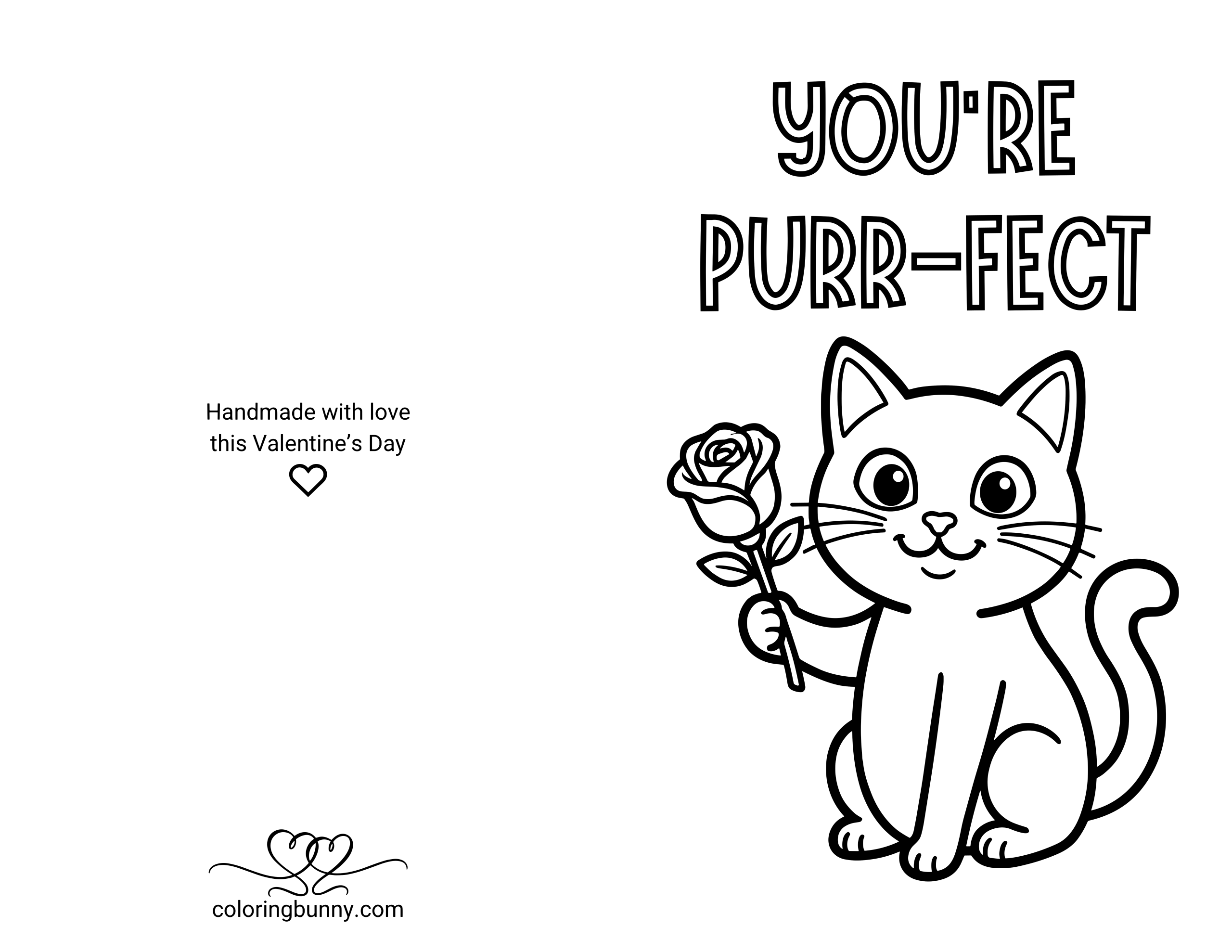 A cat-themed Valentine’s Day coloring card featuring a cute kitten holding a rose with the phrase “You’re Purr-fect.”