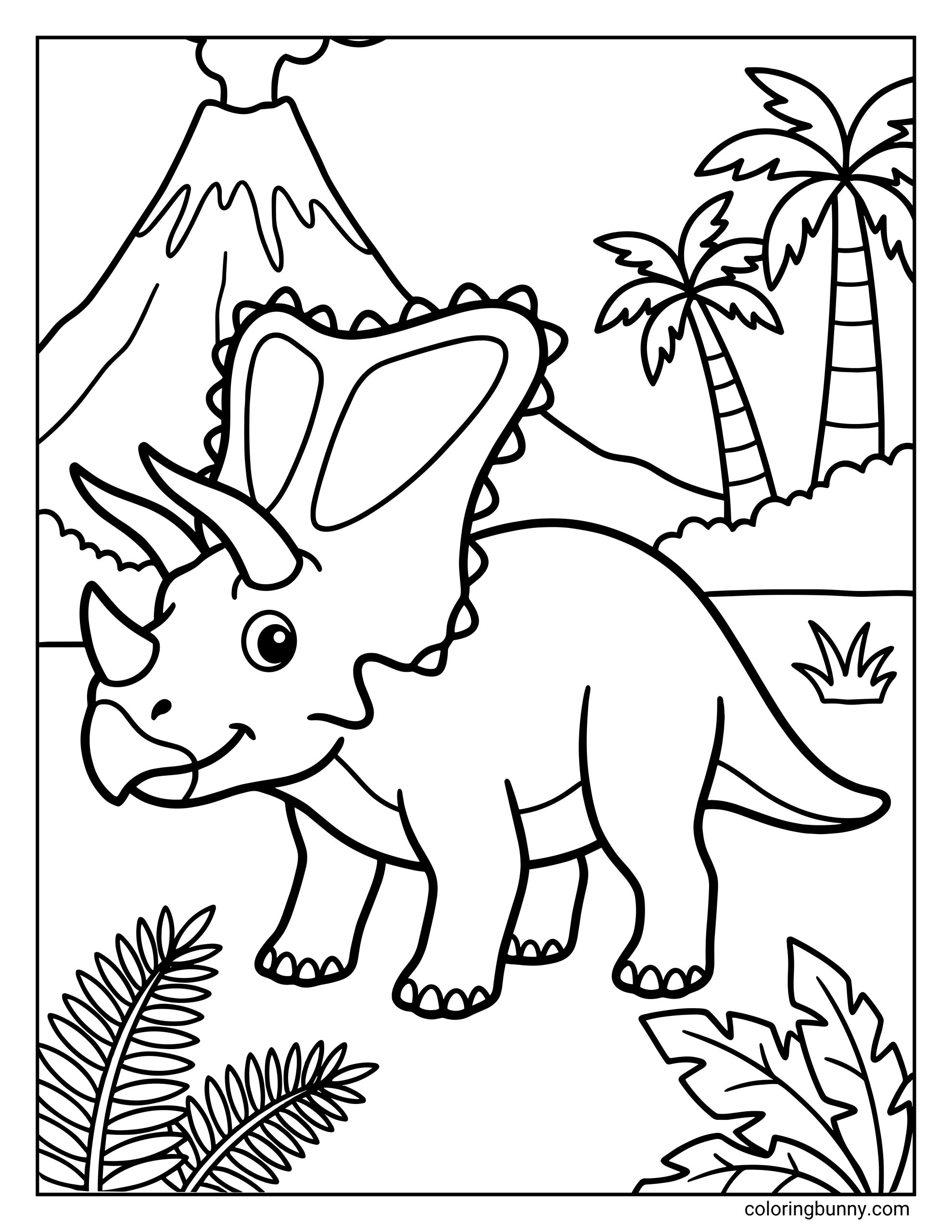 A friendly Chasmosaurus dinosaur coloring page set in a Jurassic landscape with palm trees, mountains, and a volcano in the background.