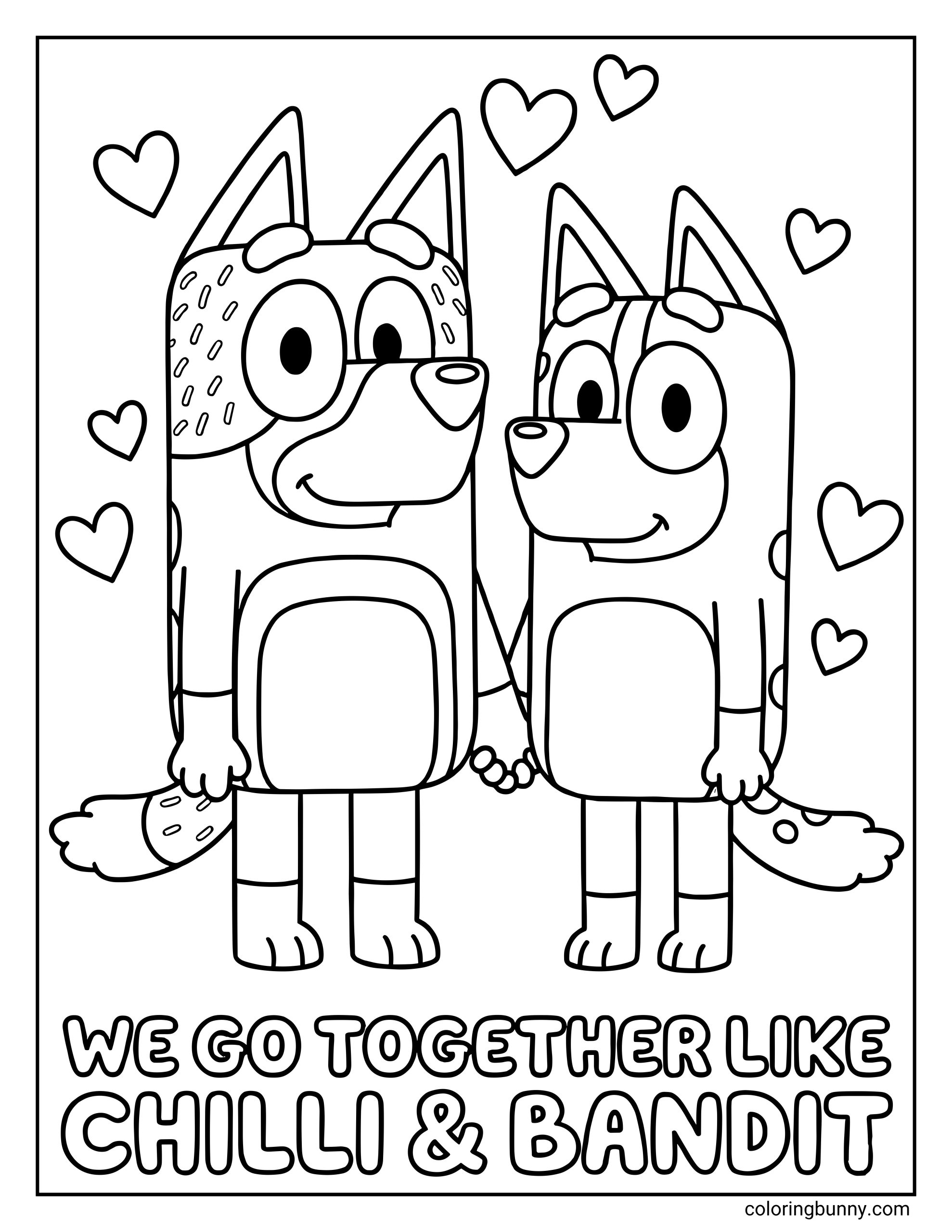 A simple Bluey Valentine's Day coloring sheet featuring Bandit and Chilli from Bluey holding hands, surrounded by floating hearts under a caption that says "WE GO TOGETHER LIKE CHILLI & BANDIT".