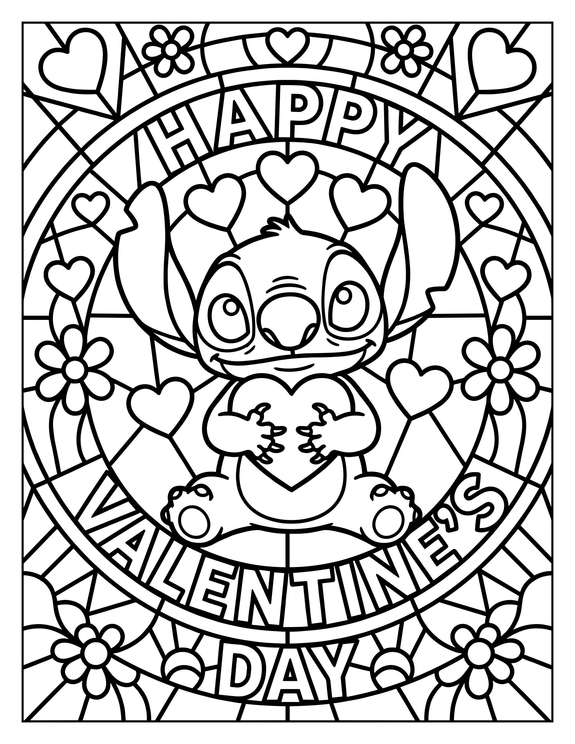 A detailed stained glass Stitch Valentine's Day coloring page featuring Stitch hugging a heart inside a large circular frame, surrounded by geometric patterns, flowers, and many floating hearts.