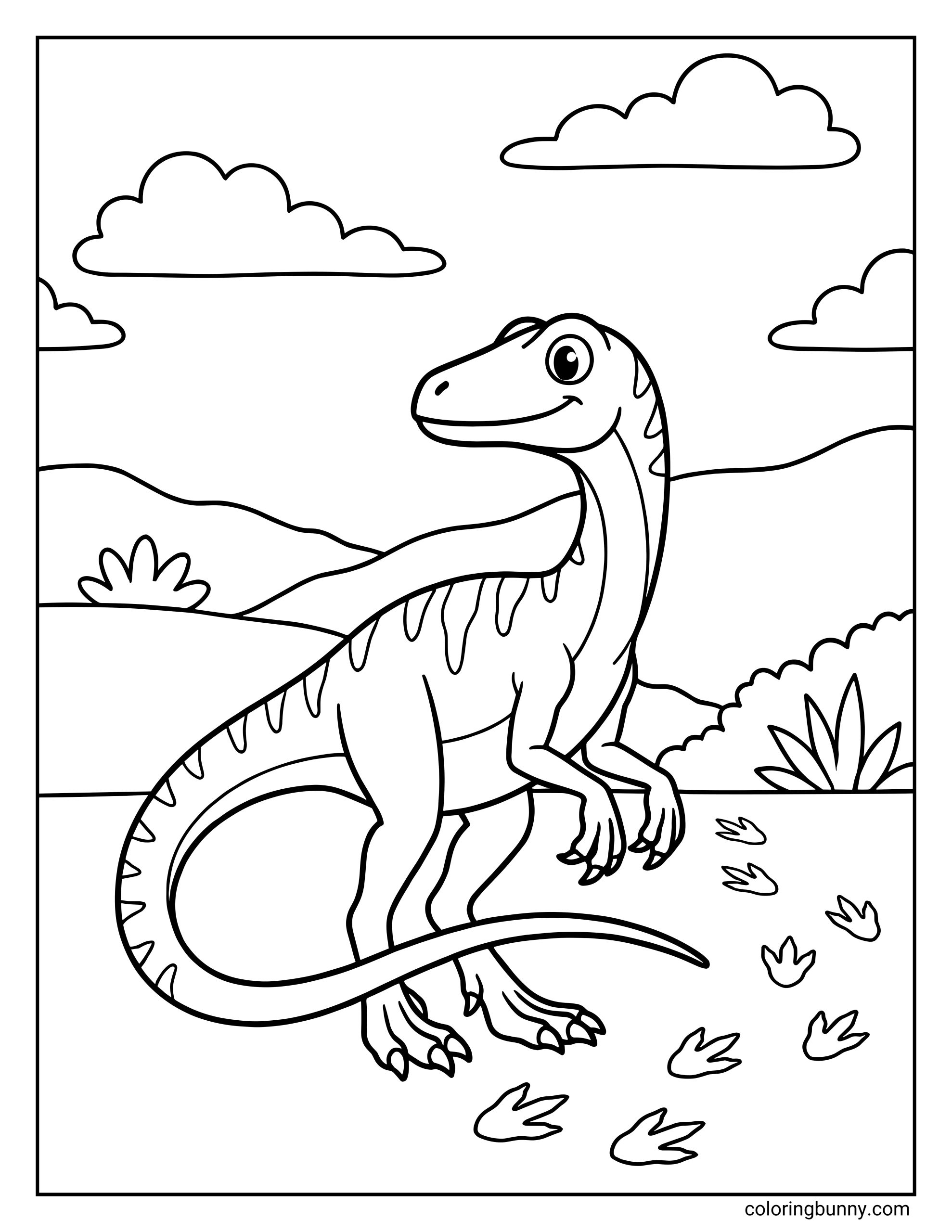 A cute simple Compsognathus dinosaur coloring page featuring a small, friendly theropod standing in an open prehistoric landscape with rolling hills, bushes, clouds, and scattered dinosaur footprints on the ground.