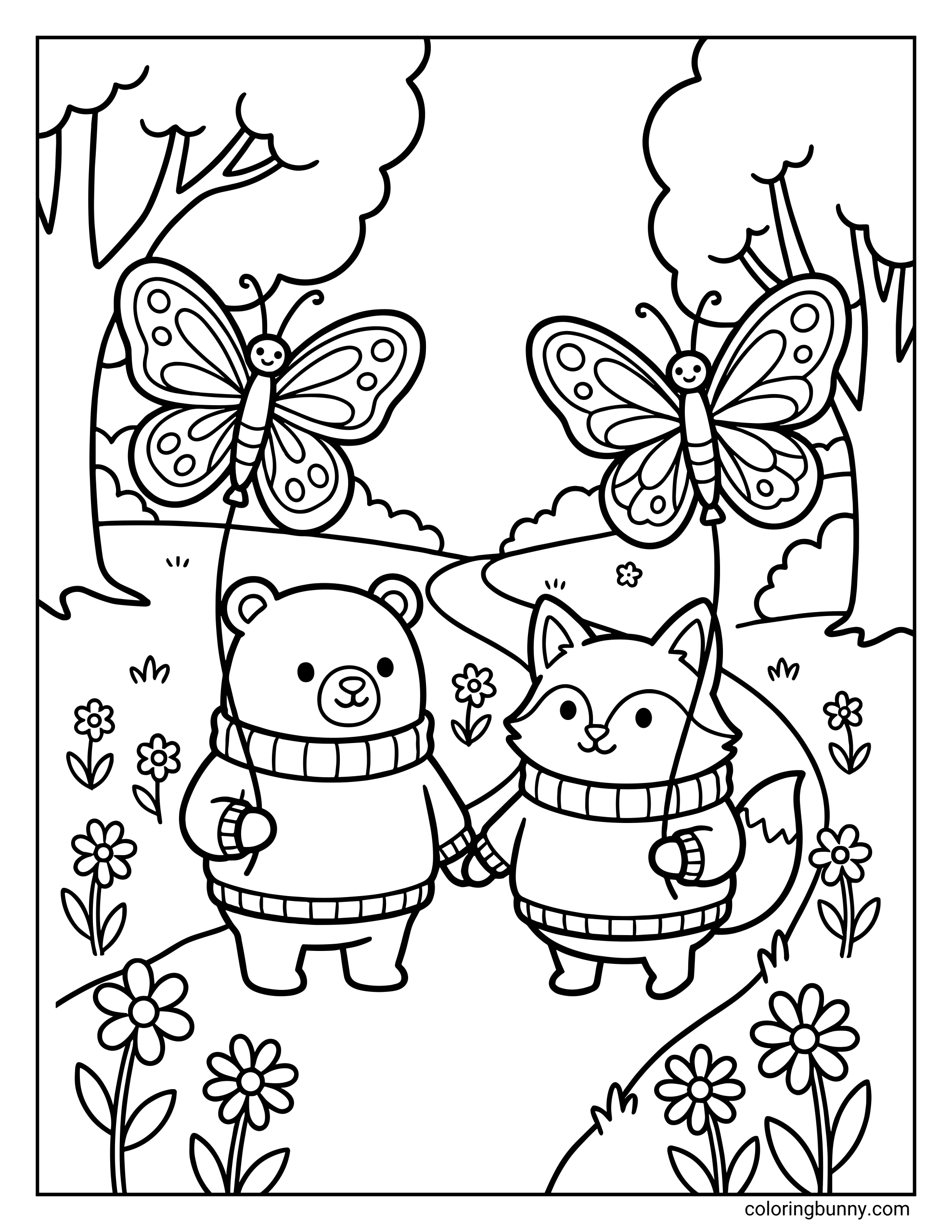 A cute coloring page showing a cozy bear and fox holding hands while carrying butterfly-shaped balloons, walking along a flower-filled path surrounded by trees .