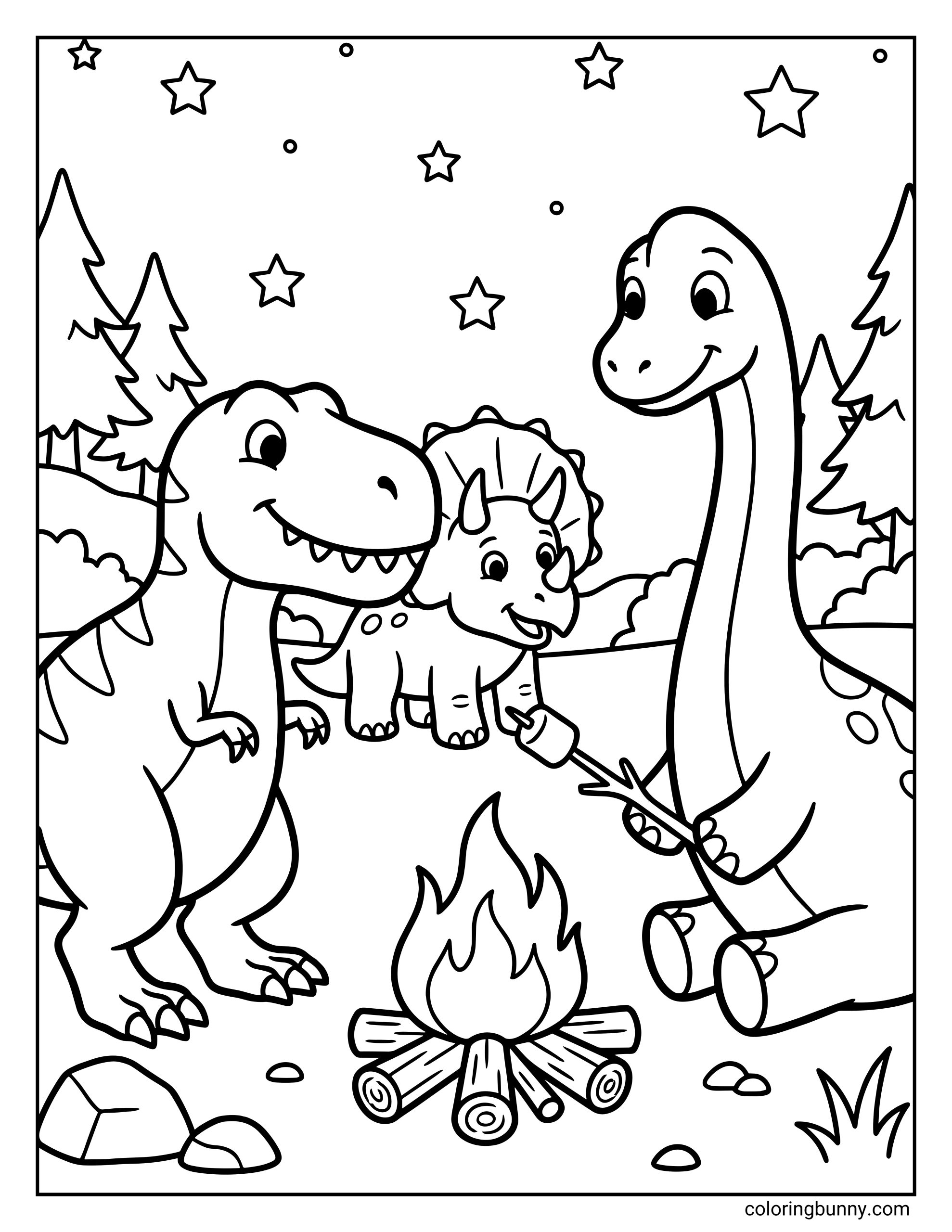 A cozy dinosaur friends campfire coloring page featuring a friendly T-Rex, a baby Triceratops, and a long-neck Brachiosaurus dinosaur gathered around a crackling fire under a starry night sky.