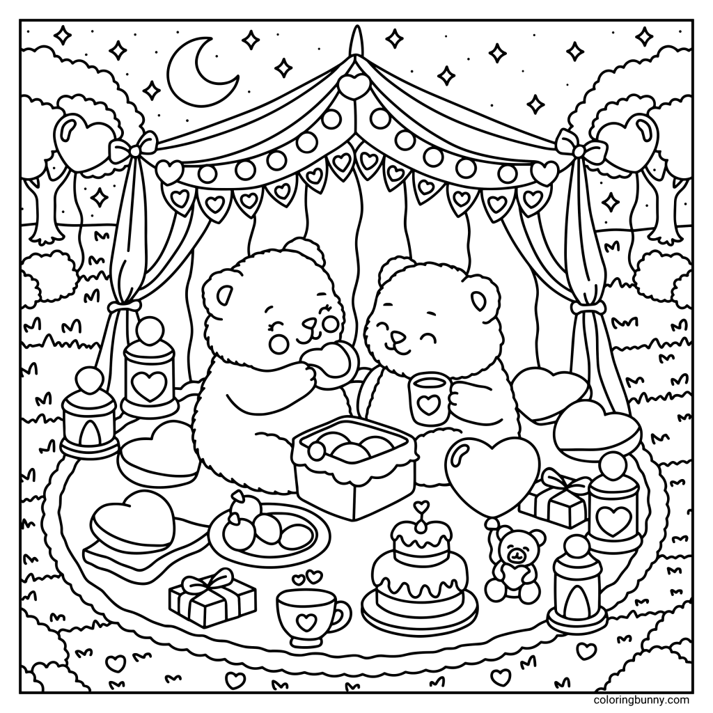 A hand-drawn cozy Valentine’s Day coloring page showing two teddy bears enjoying a nighttime picnic beneath a heart-decorated canopy, sipping drinks and sharing treats on a blanket surrounded by lanterns, cakes, gifts, and floating hearts in a peaceful outdoor setting.