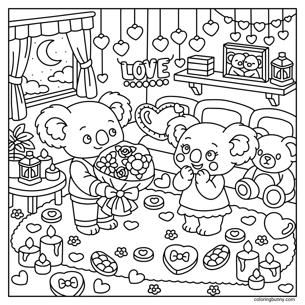 A hand-drawn cozy Valentine’s Day coloring page showing two adorable koalas indoors, with one koala presenting a bouquet of flowers to the other in a heart-filled living room decorated with candles, sweets, hanging heart garlands, framed photos, and a moonlit window.