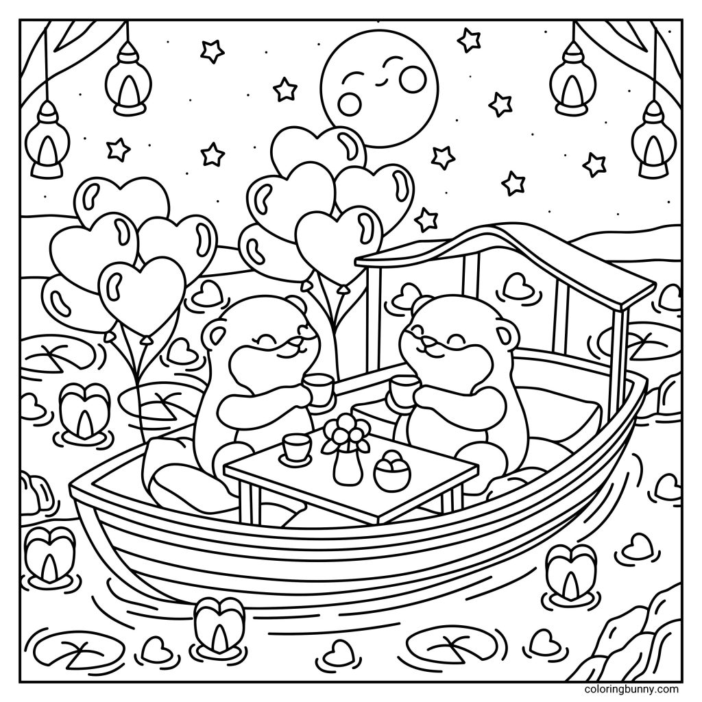 A hand-drawn cozy Valentine’s Day coloring page featuring two adorable otters enjoying a romantic boat date on a pond at night, sitting at a small table with drinks and flowers, surrounded by heart-shaped balloons, lily pads, lanterns, stars, and a smiling moon.