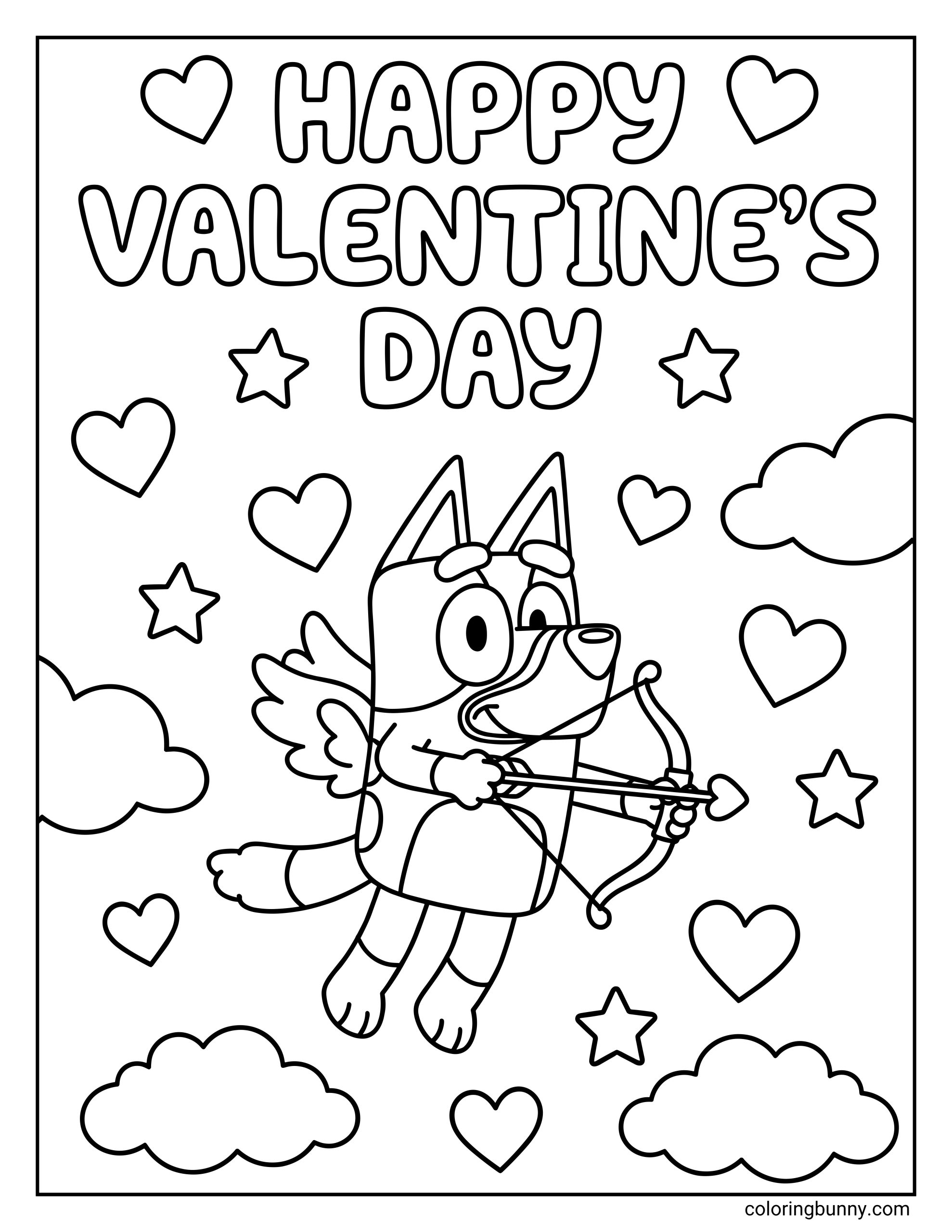 An easy Valentine coloring sheet of Bluey dressed like cupid, flying among hearts and clouds under a Happy Valentine’s Day title.