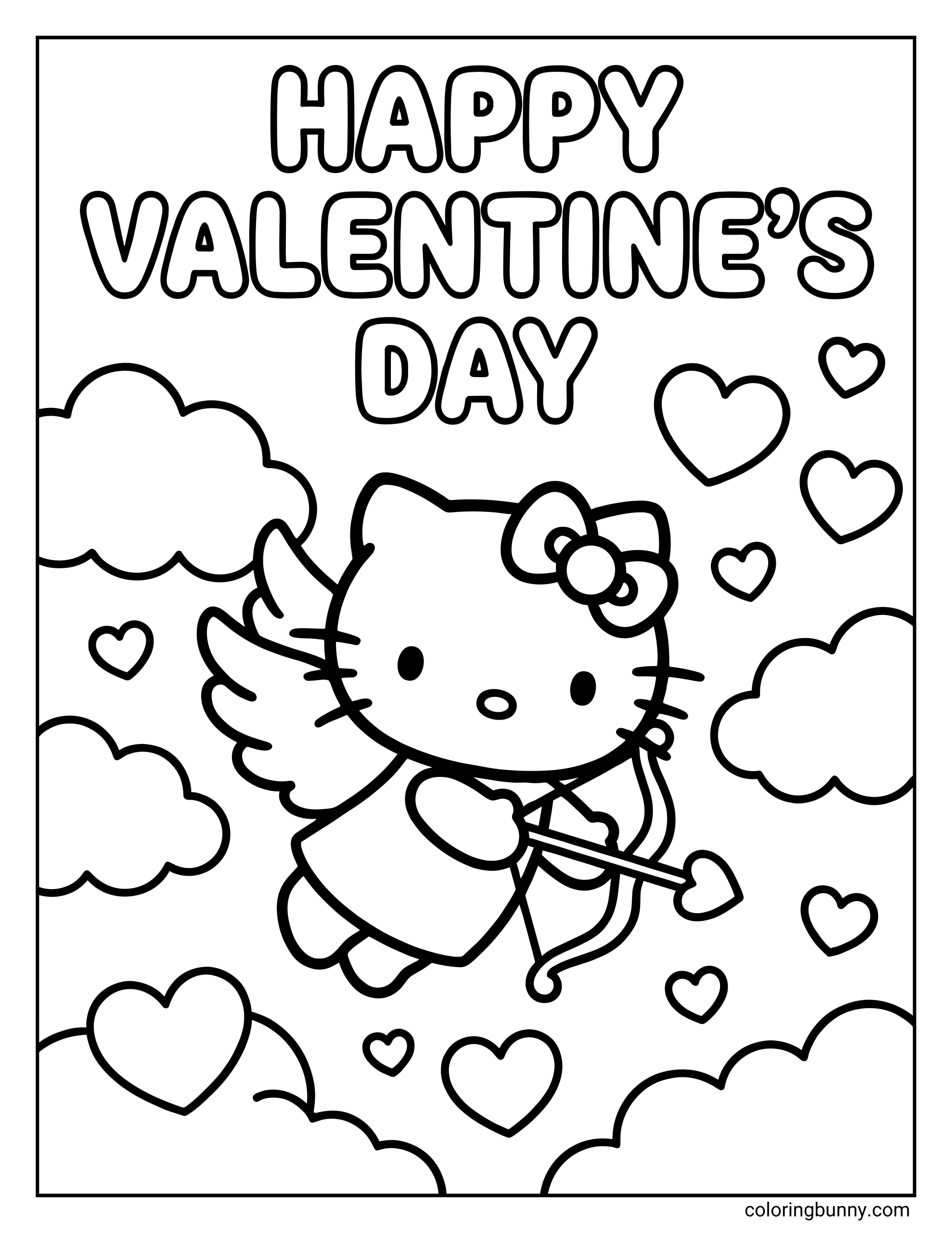 A coloring page of Hello Kitty as a Cupid with wings, holding a bow and arrow while flying among clouds and hearts under the words 'HAPPY VALENTINE'S DAY'.