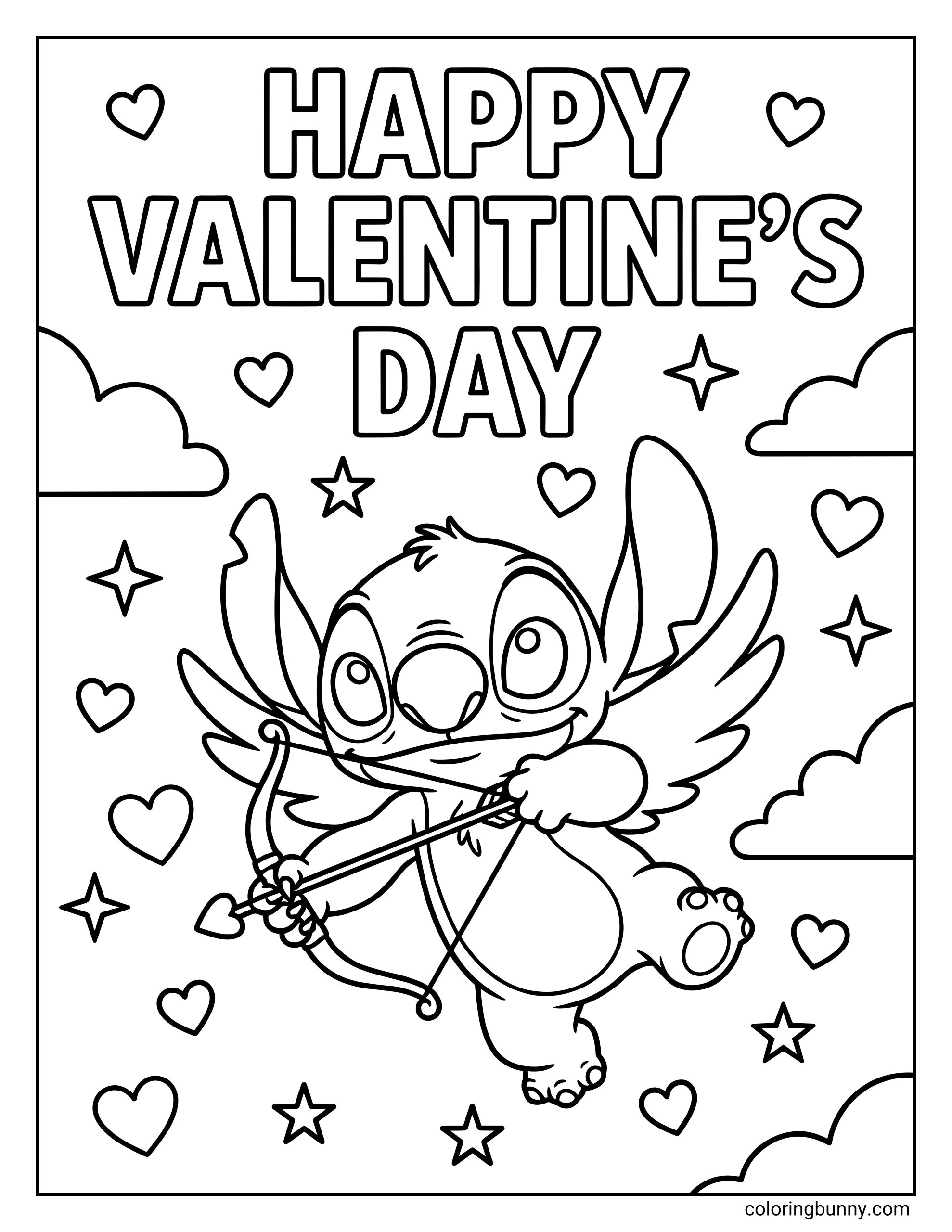 A Valentine’s Day coloring page of Stitch dressed as a cupid, flying with wings, a bow, and a heart arrow surrounded by hearts and stars.
