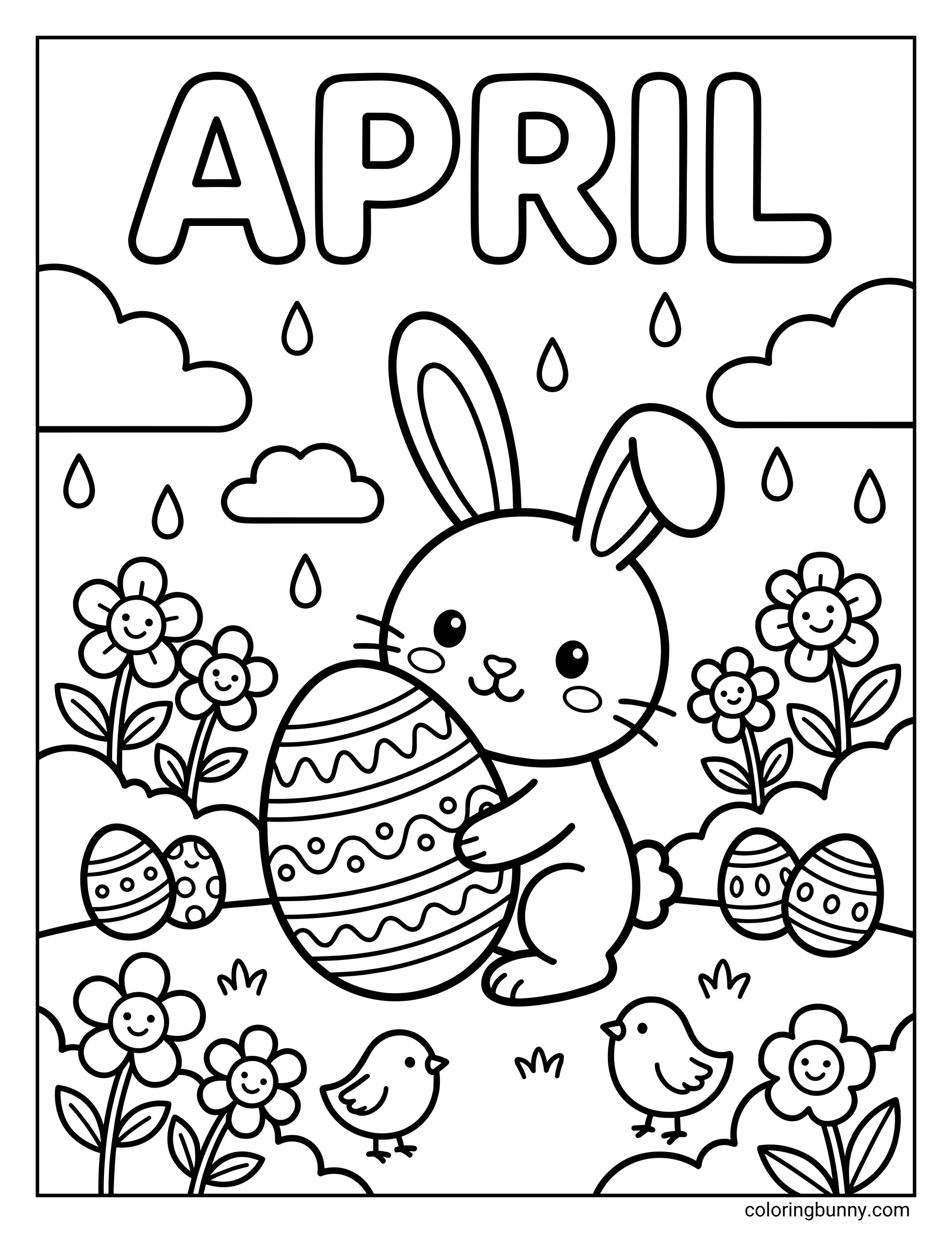 A cute April coloring page featuring the text "APRIL" above a rabbit holding a large Easter egg, surrounded by rain, chicks, and smiling flowers.