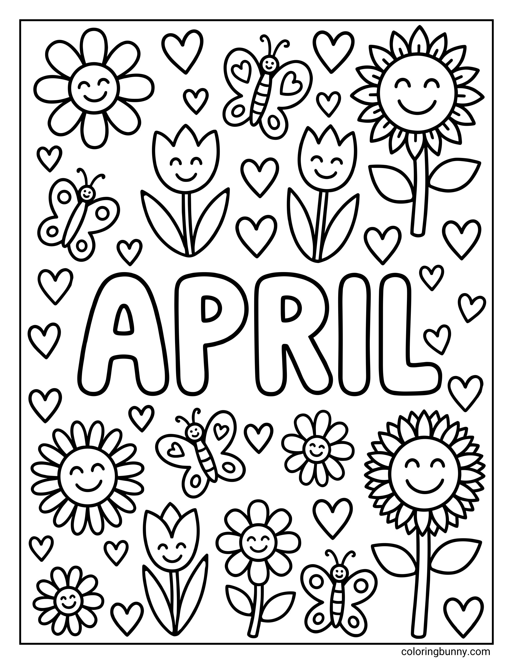 An April coloring page featuring the word "APRIL" surrounded by smiling sunflowers, tulips, daisies, butterflies, and hearts.