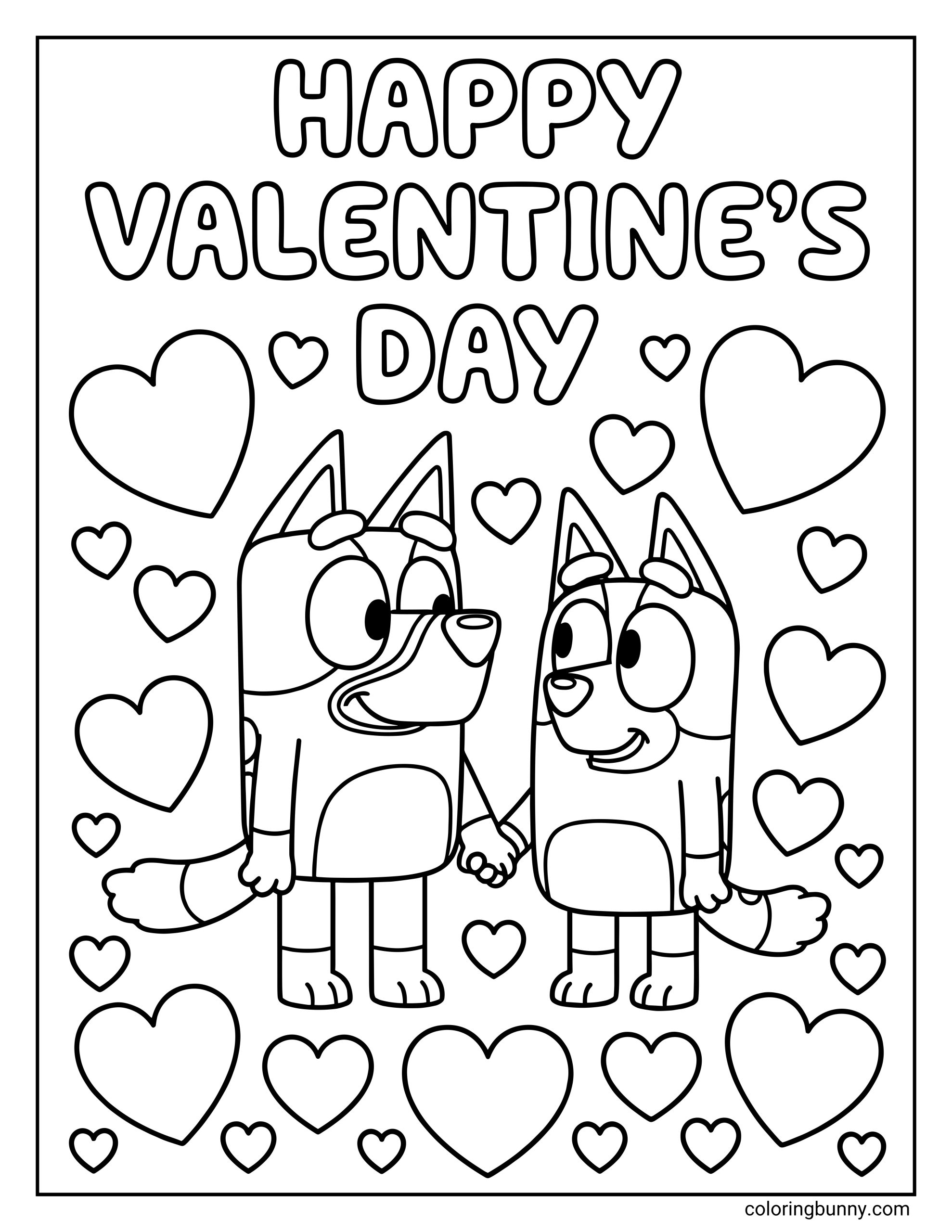 A simple Valentine coloring page featuring Bluey and Bingo standing together, holding hands with heart shapes all around them.