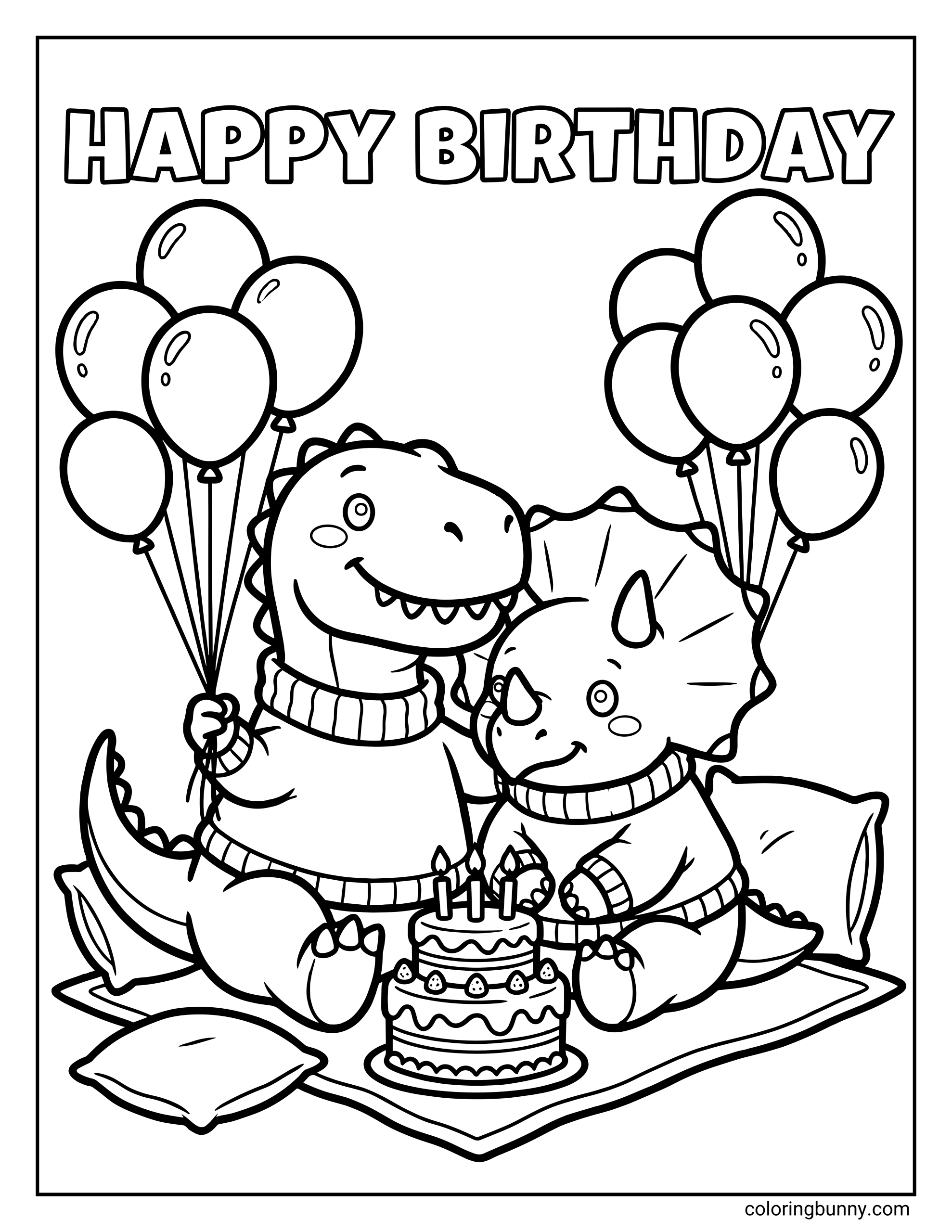 A cute dinosaur birthday coloring page showing two friendly dinosaurs celebrating with a birthday cake, balloons, cozy sweaters, and a big “Happy Birthday” banner.