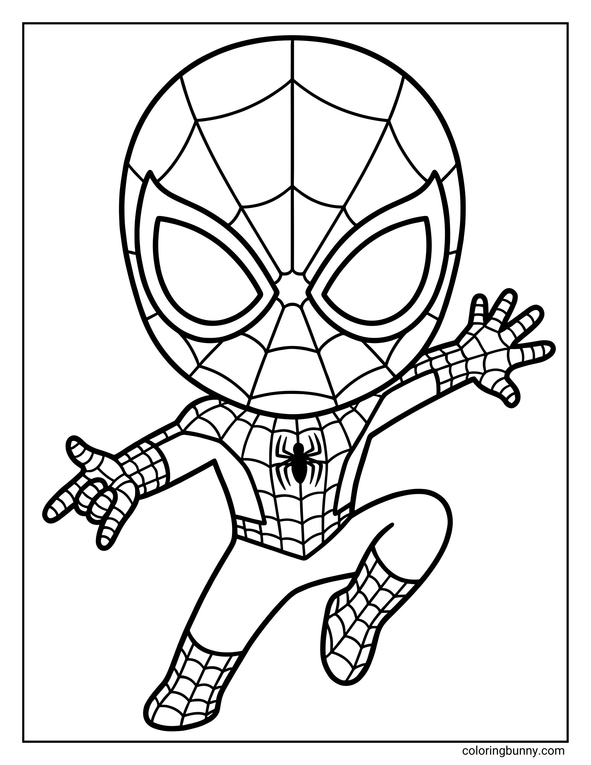 A Spider-Man coloring page that features a cute, chibi-style Spider-Man leaping through the air with his arms outstretched in a heroic jumping pose.