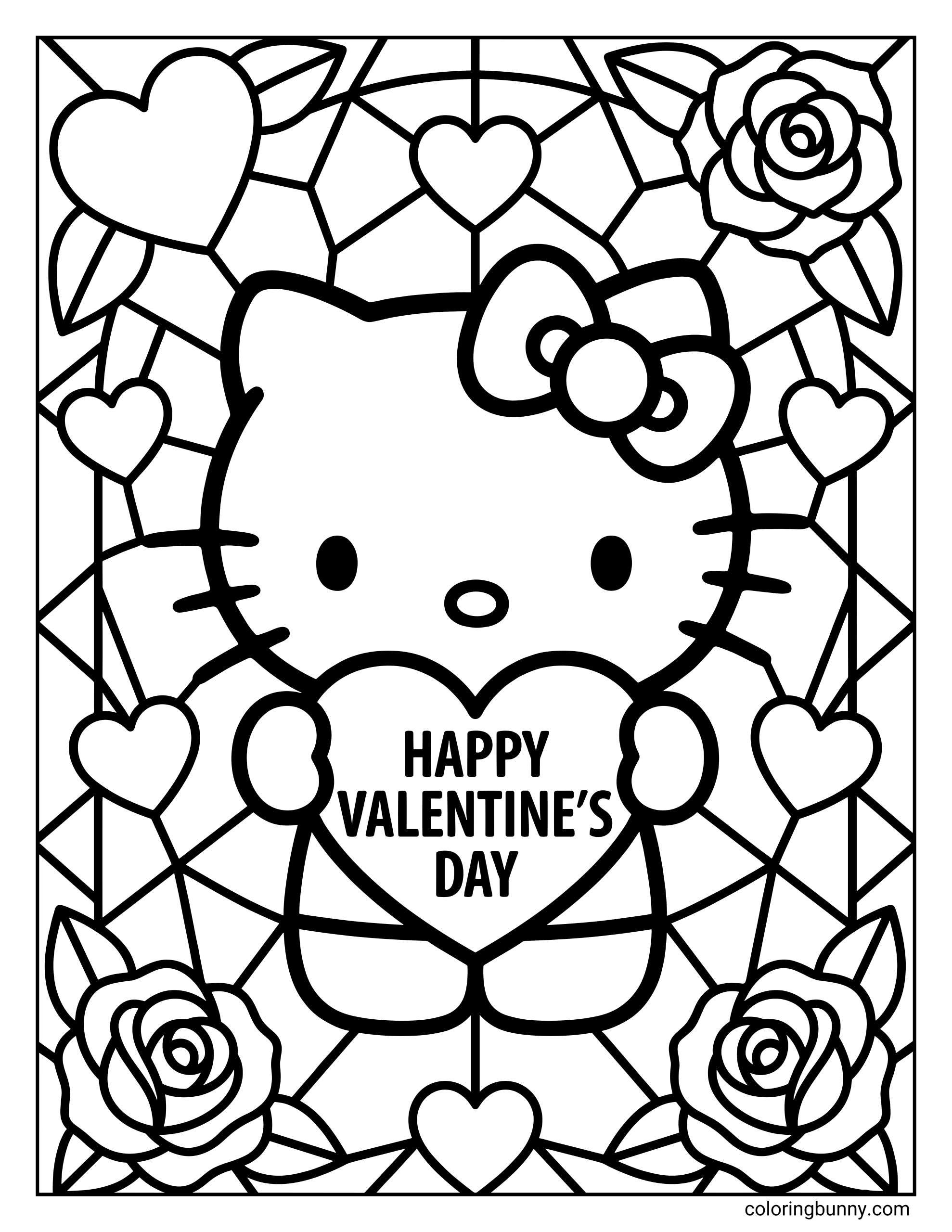 A coloring page of Hello Kitty holding a heart that says 'HAPPY VALENTINE'S DAY' against a geometric stained-glass background decorated with roses and hearts.