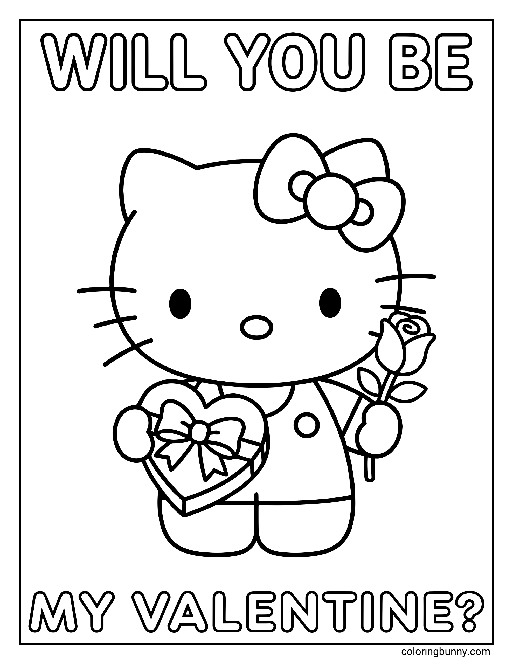 A coloring page of Hello Kitty holding a heart-shaped chocolate box and a rose under the question 'WILL YOU BE MY VALENTINE?'