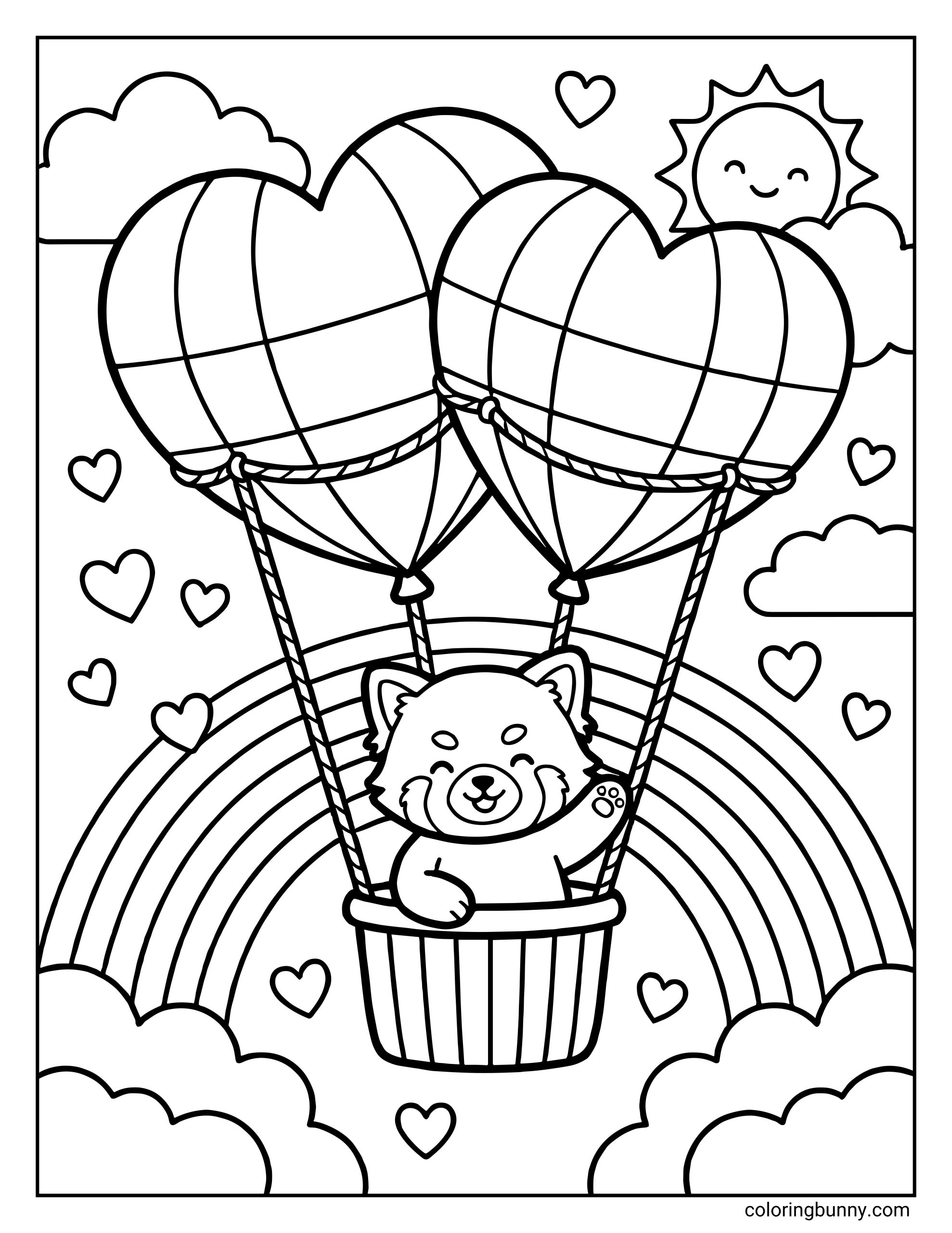 A heart coloring page of a cute red panda waving from a basket attached to two heart-shaped balloons, flying in a sky with a rainbow, clouds, small hearts, and a smiling sun.