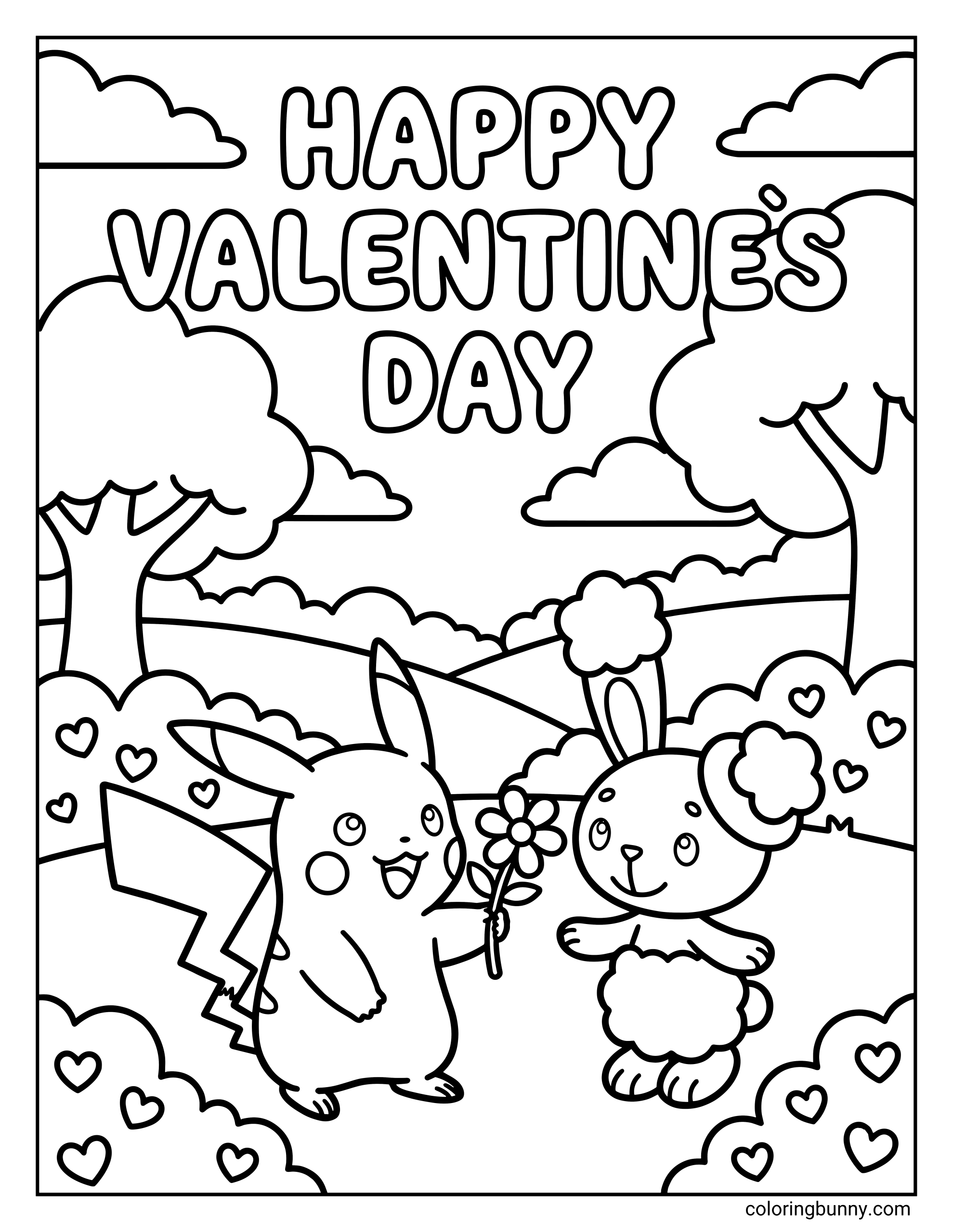 A pokemon valentines day coloring page of Pikachu giving a flower to Buneary in a park with trees and heart-covered bushes, under the text HAPPY VALENTINES DAY.