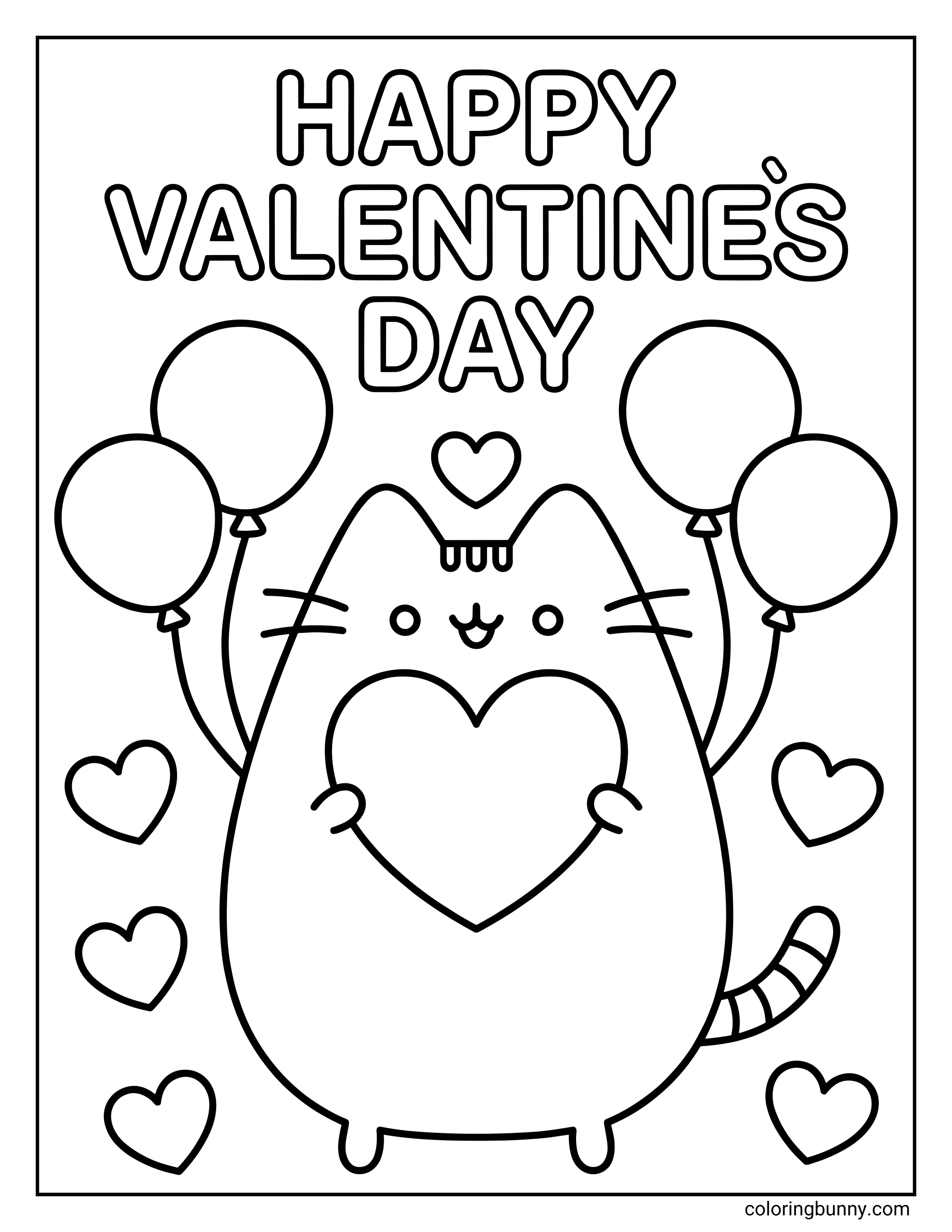 A coloring page of Pusheen the cat holding a large heart and four balloons surrounded by floating hearts under the text HAPPY VALENTINES DAY