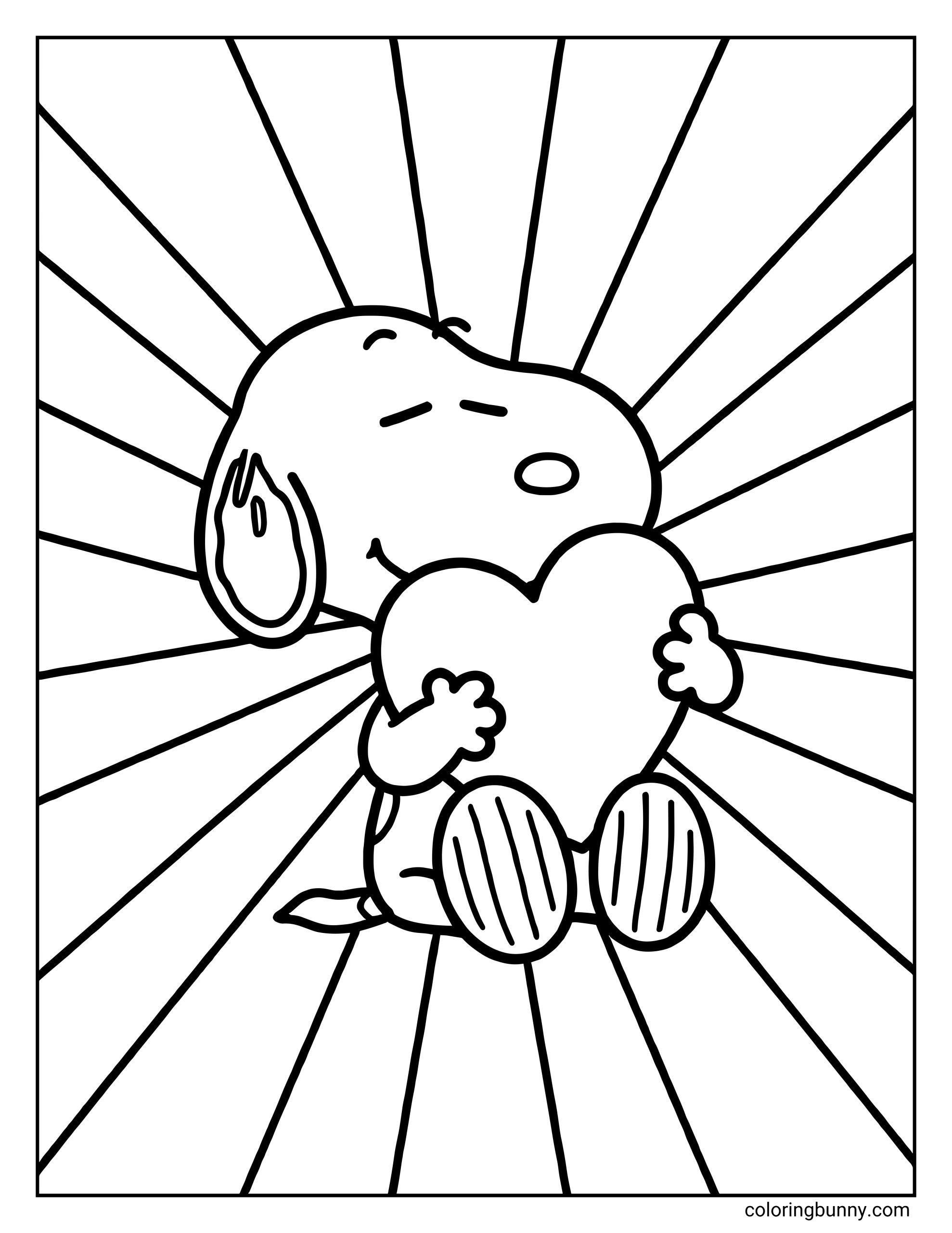 A Valentine’s Day coloring page of Snoopy sitting with eyes closed, smiling while hugging a large heart, with straight lines radiating outward from behind him in a sunburst pattern.