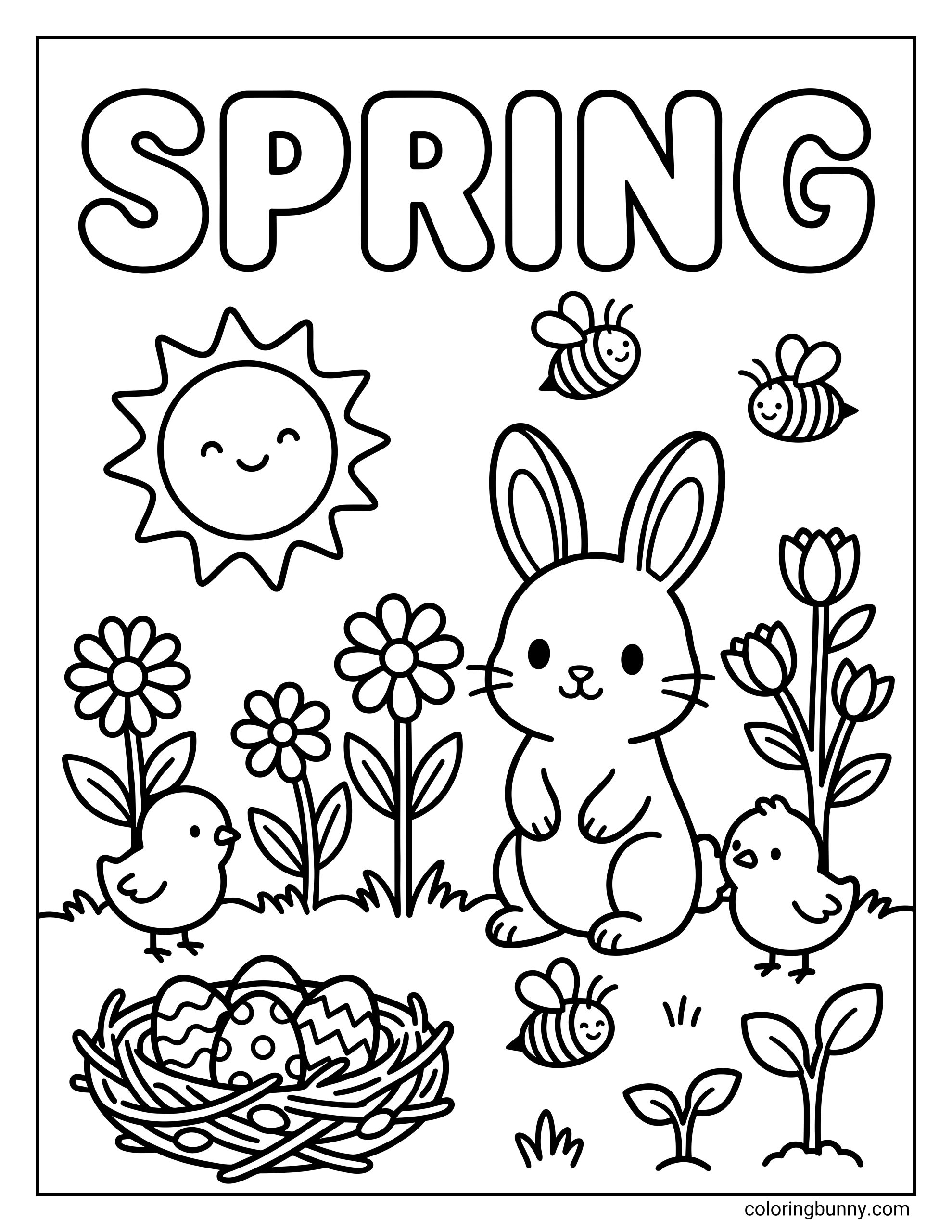 A cute coloring page featuring the text "SPRING" above a bunny, two chicks, a nest of decorated eggs, bees, and a smiling sun.