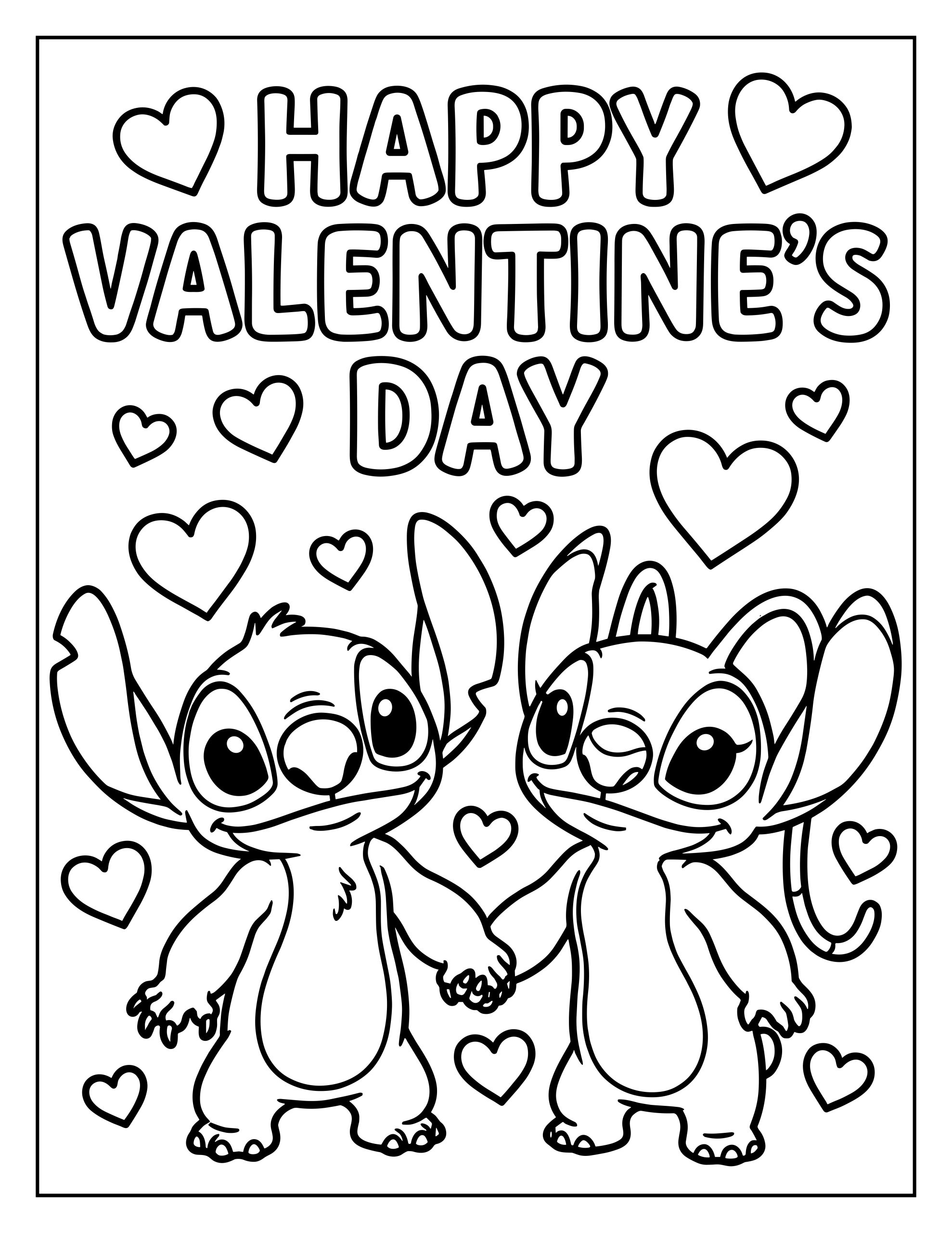 A Stitch Valentine's coloring page of Stitch and Angel holding hands and smiling, surrounded by many floating hearts under a large "HAPPY VALENTINE'S DAY" heading.