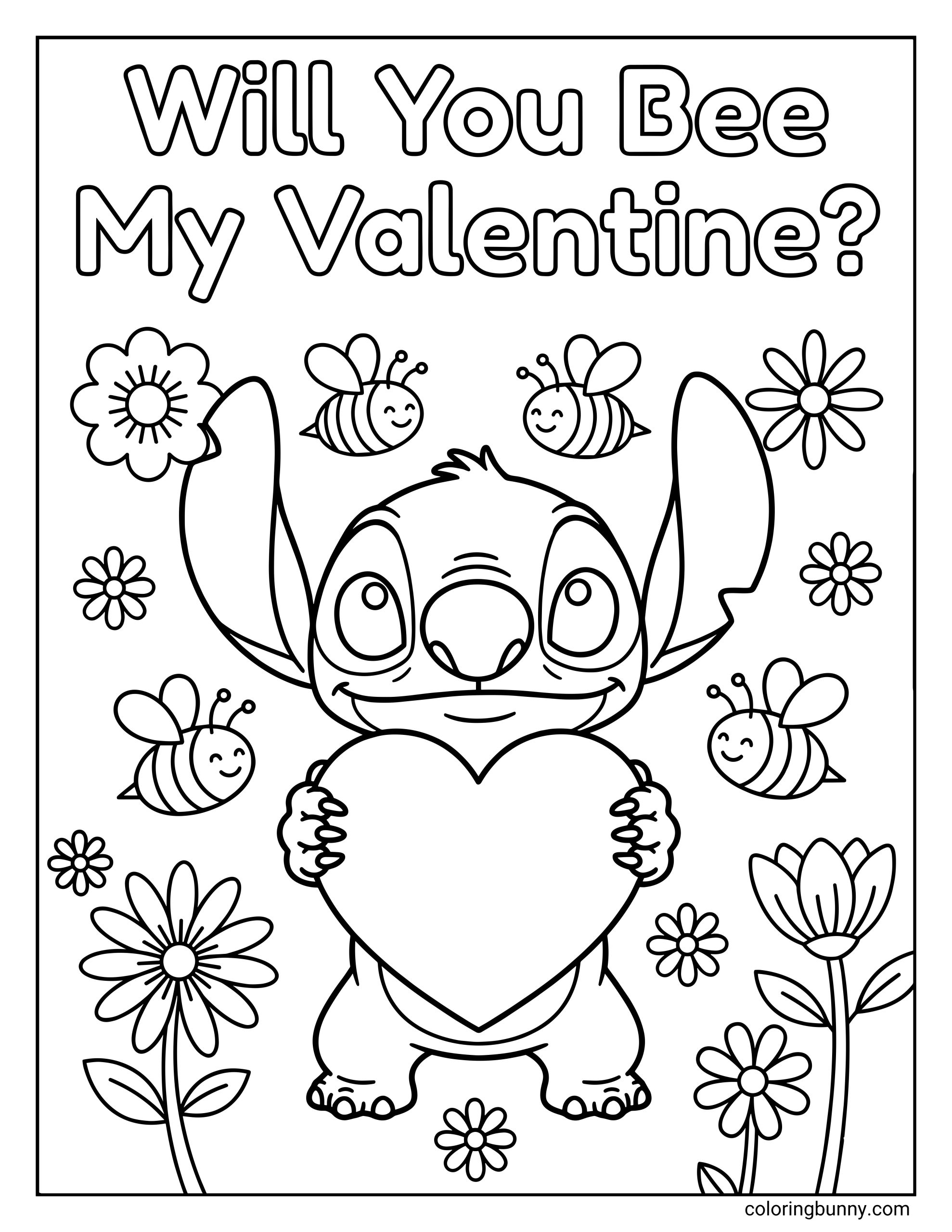 A Valentine’s Day coloring page of Stitch holding a heart with smiling bees and flowers, featuring the phrase “Will you bee my Valentine?”