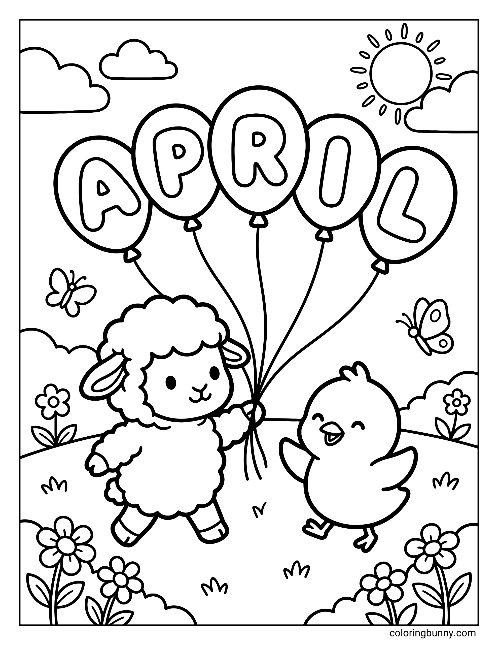 An April coloring page of a cute sheep and chick walking in a flower field with butterflies, holding balloons that spell "APRIL" under a bright sun.