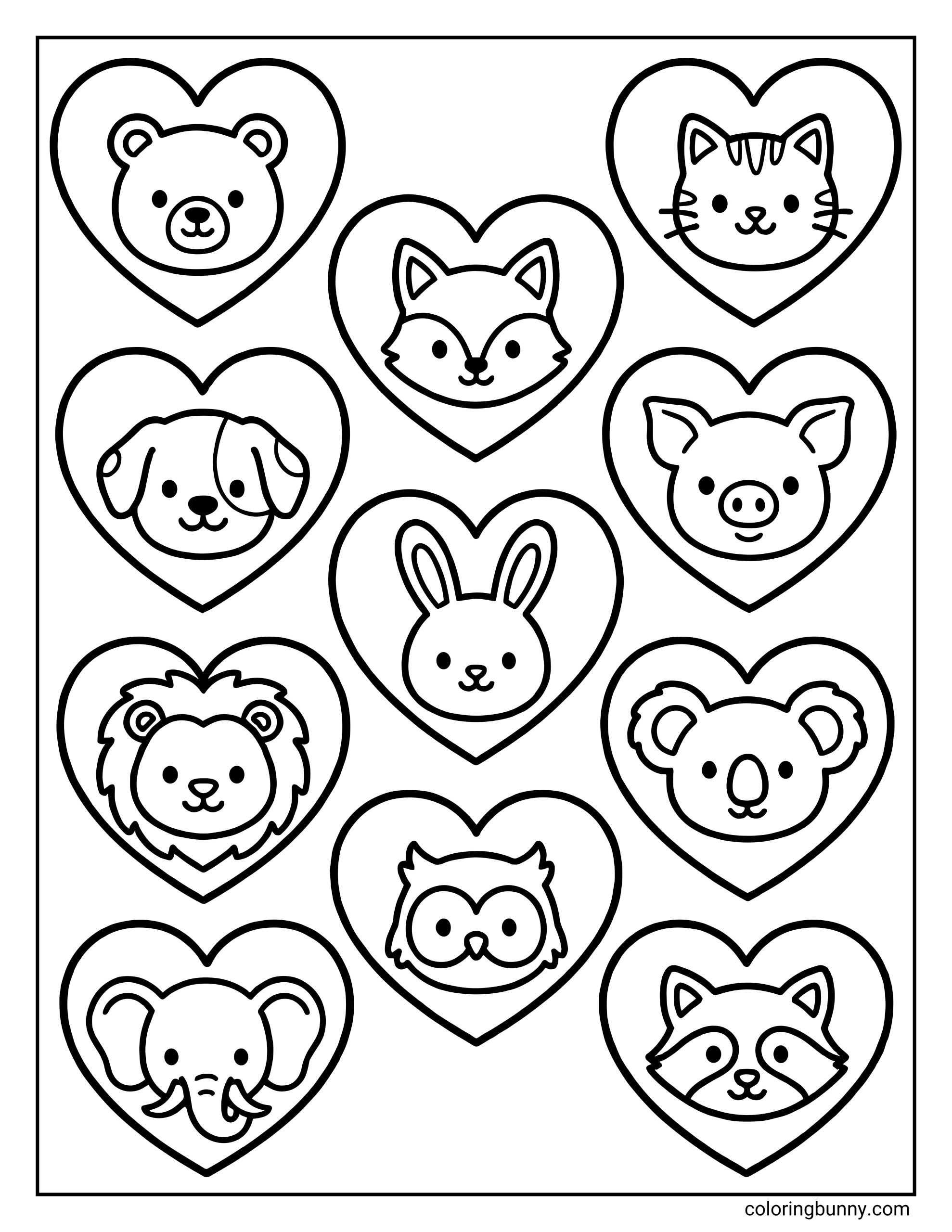 A kids coloring page showing multiple heart shapes, each containing a cute animal face such as a bear, cat, fox, dog, pig, rabbit, lion, koala, owl, elephant, and raccoon, drawn in simple black-and-white outlines.