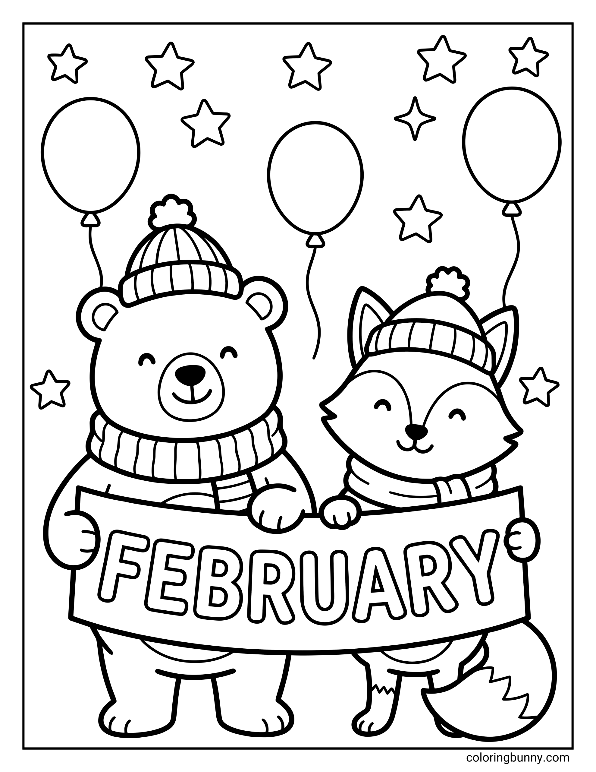 A February coloring page of a smiling bear and fox wearing winter hats and scarves, holding a banner that reads "FEBRUARY" with stars and balloons in the background.