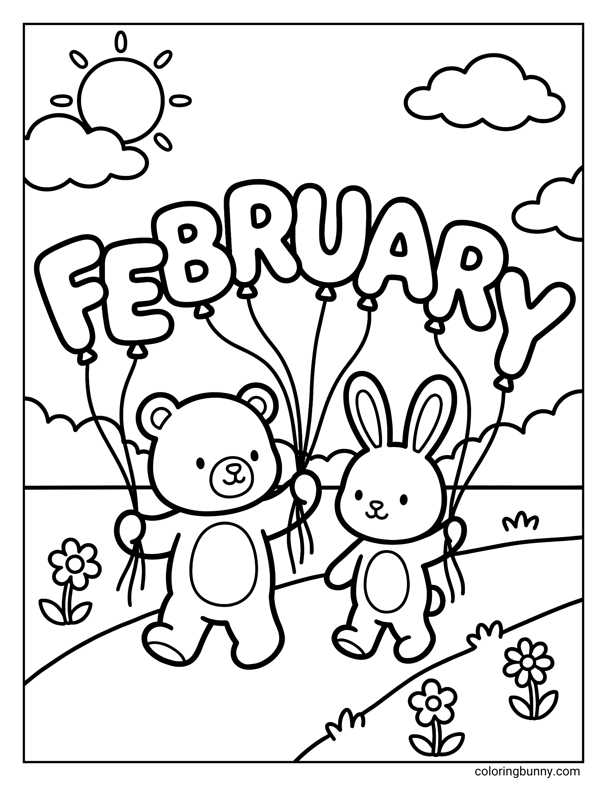 A February coloring page of a cute bear and rabbit walking along a path under a bright sun, holding balloons that spell out "FEBRUARY".
